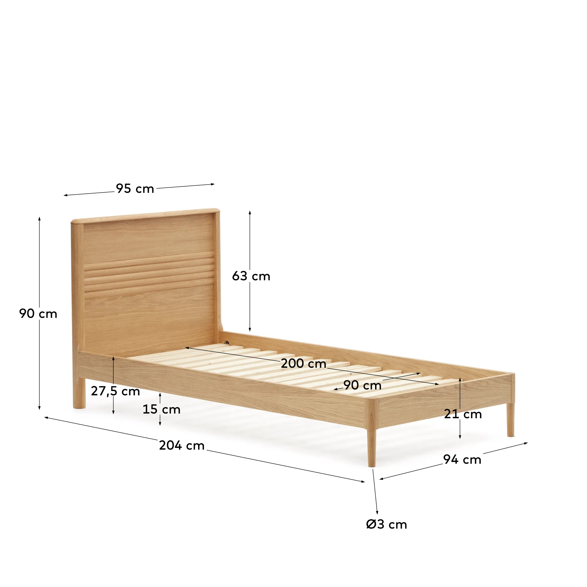 Lenon Bett aus Eichenholz und Eichenfurnier für Matratze von 90 x 200 cm FSC MIX Credit - Image 3