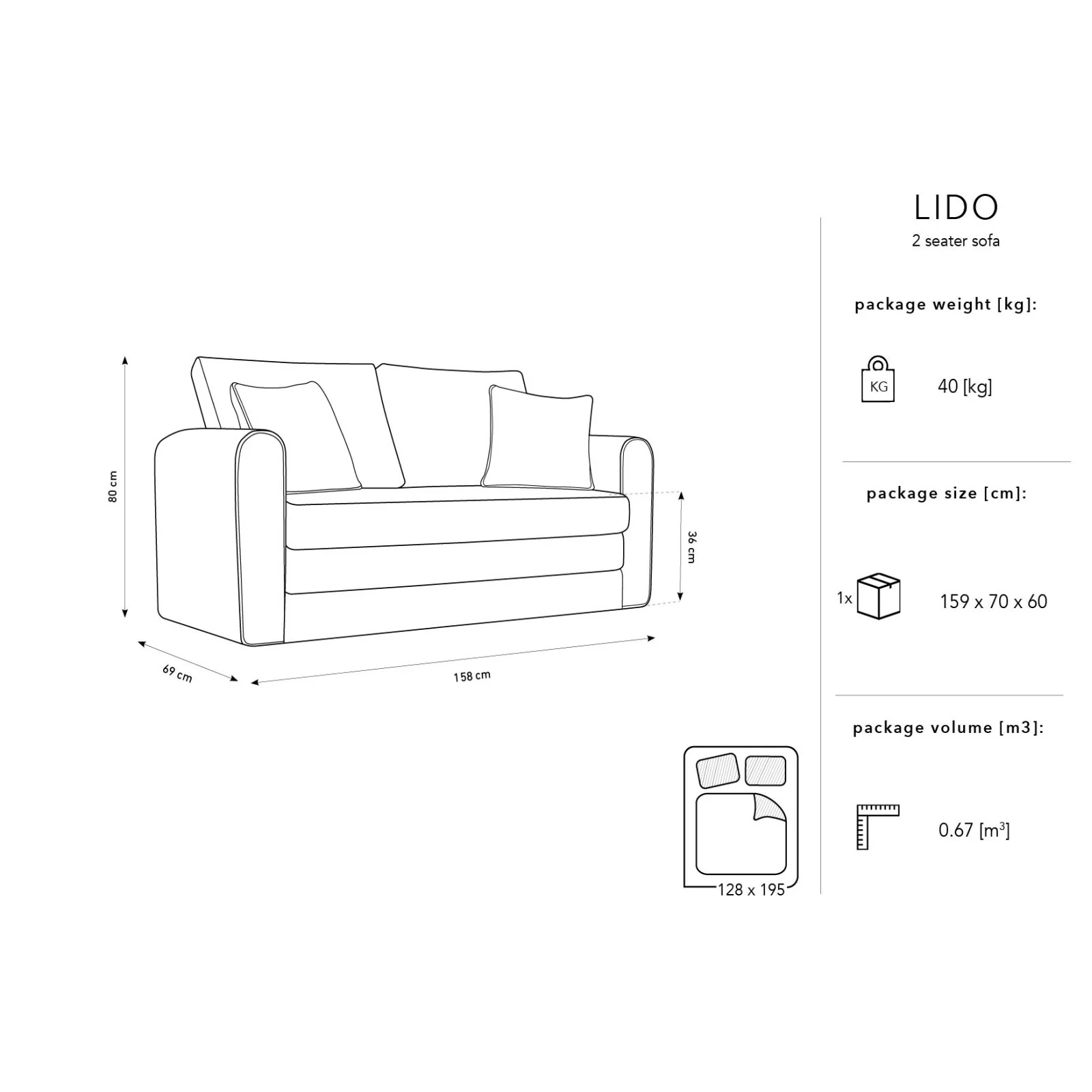 Lido 2-Sitzer Sofa mit Schlaffunktion, ausklappbar, aus Boucle oder Strukturstoff, 158x69 cm - Image 30