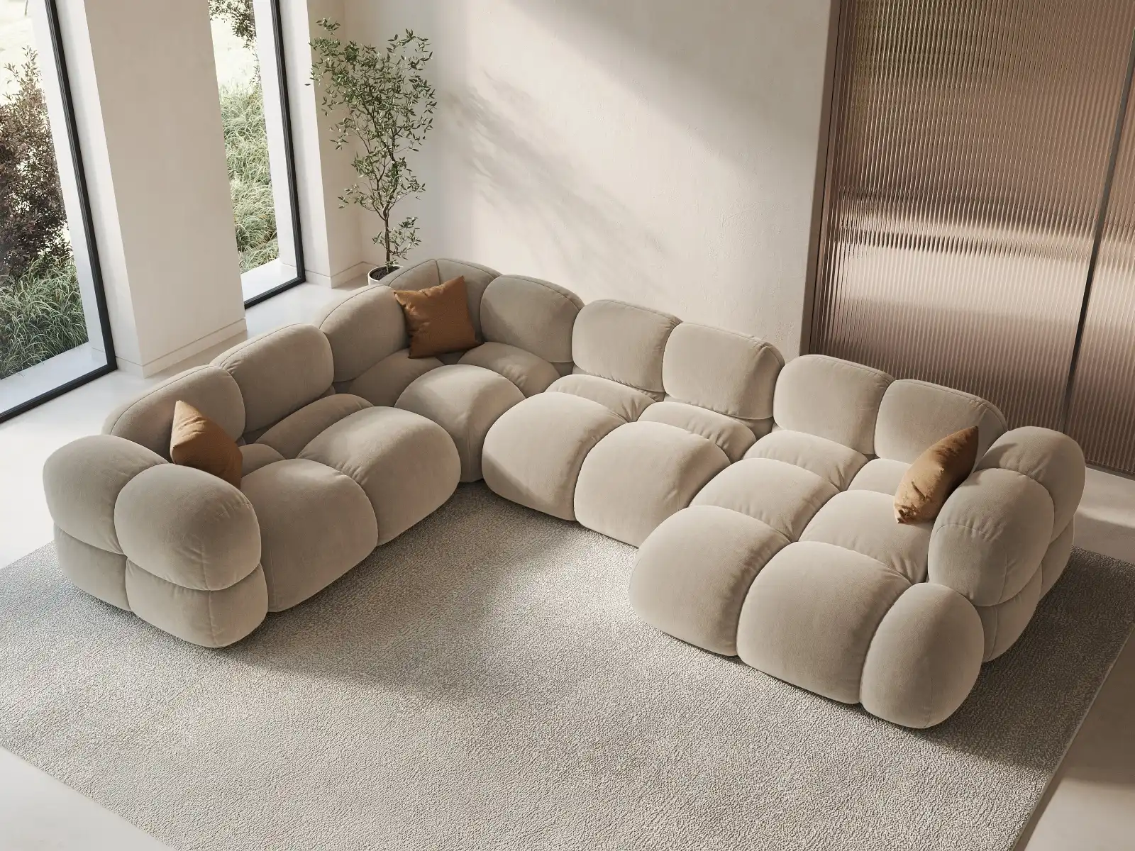 Loretto 5-Sitzer Panorama Ecksofa, Linke Seite, aus Samt oder Strukturstoff, 345x250x68 cm - Image 2
