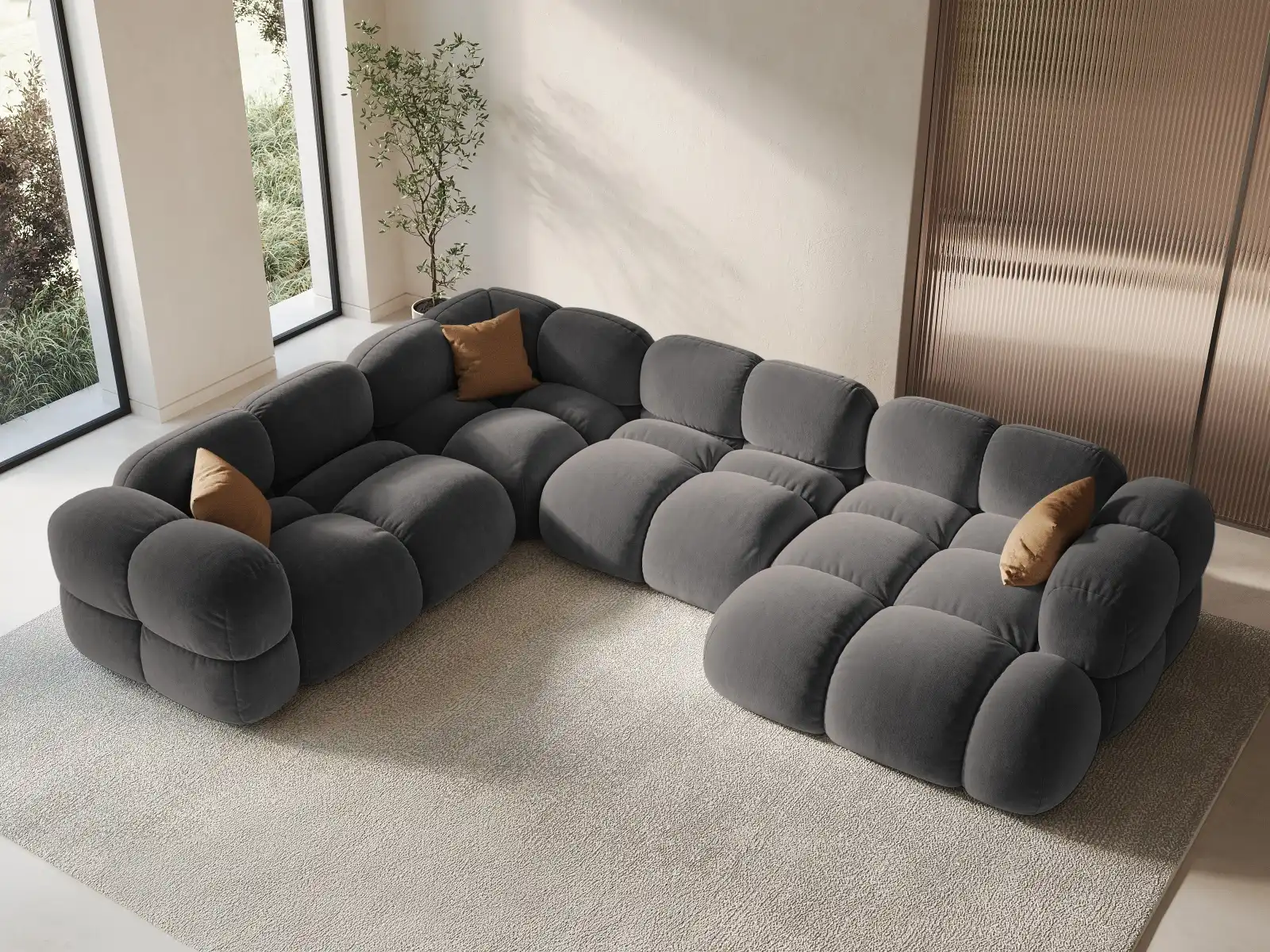Loretto 5-Sitzer Panorama Ecksofa, Linke Seite, aus Samt oder Strukturstoff, 345x250x68 cm - Image 32