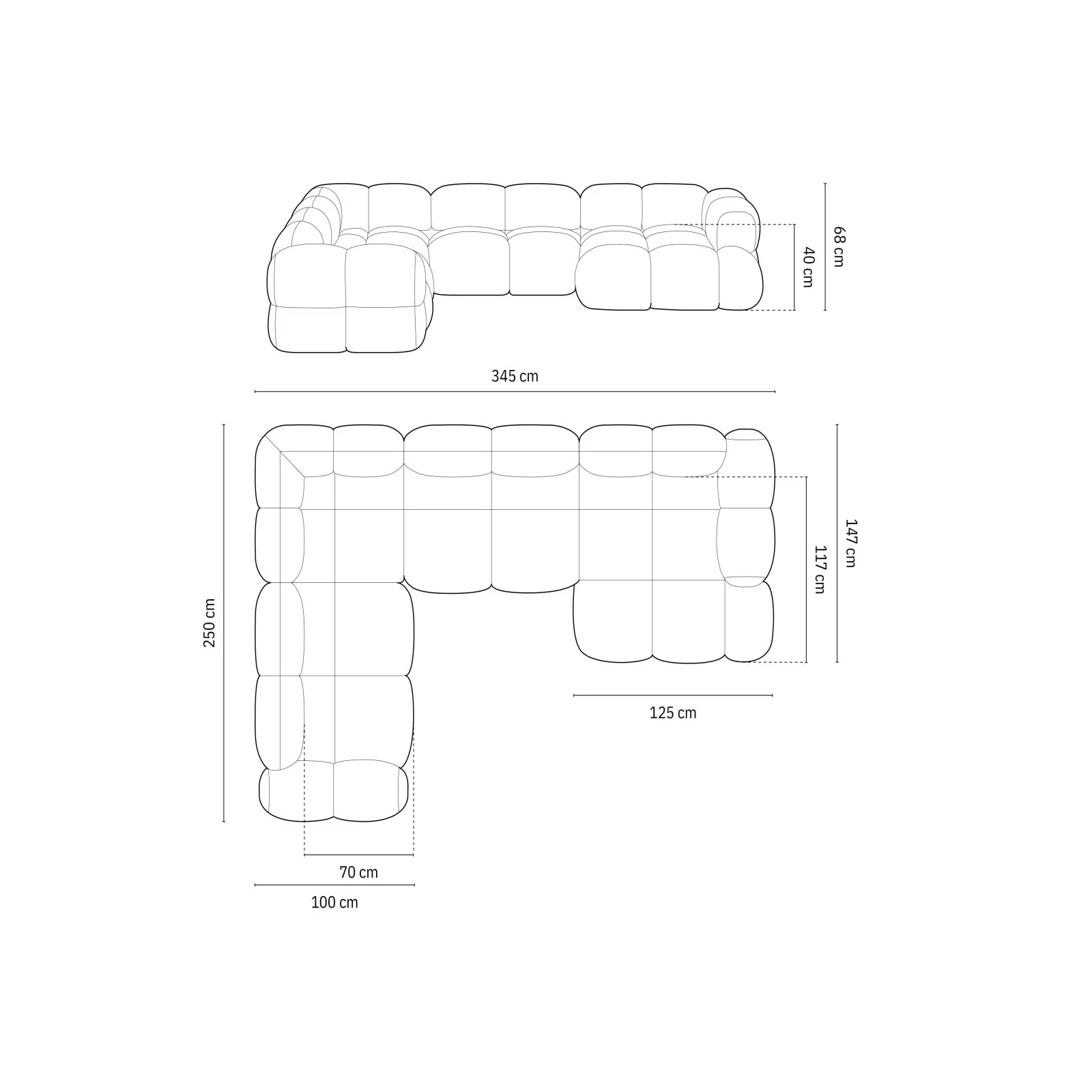 Loretto 5-Sitzer Panorama Ecksofa, Linke Seite, aus Samt oder Strukturstoff, 345x250x68 cm - Image 39