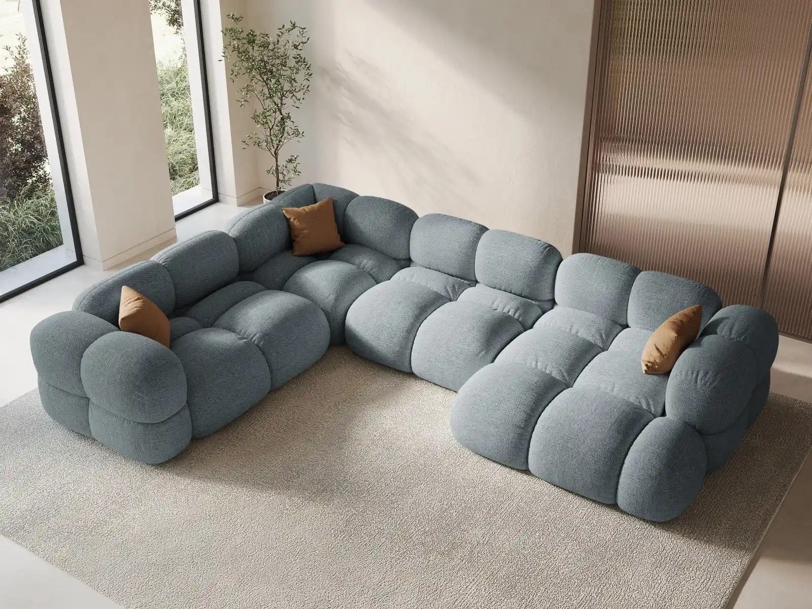 Loretto 5-Sitzer Panorama Ecksofa, Linke Seite, aus Samt oder Strukturstoff, 345x250x68 cm - Image 56