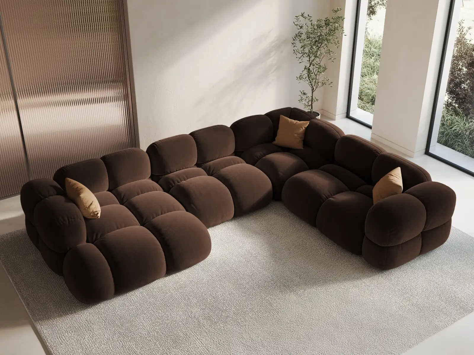 Loretto 5-Sitzer Panorama Ecksofa, Rechte Seite, aus Samt oder Strukturstoff, 345x250x68 cm - Image 14