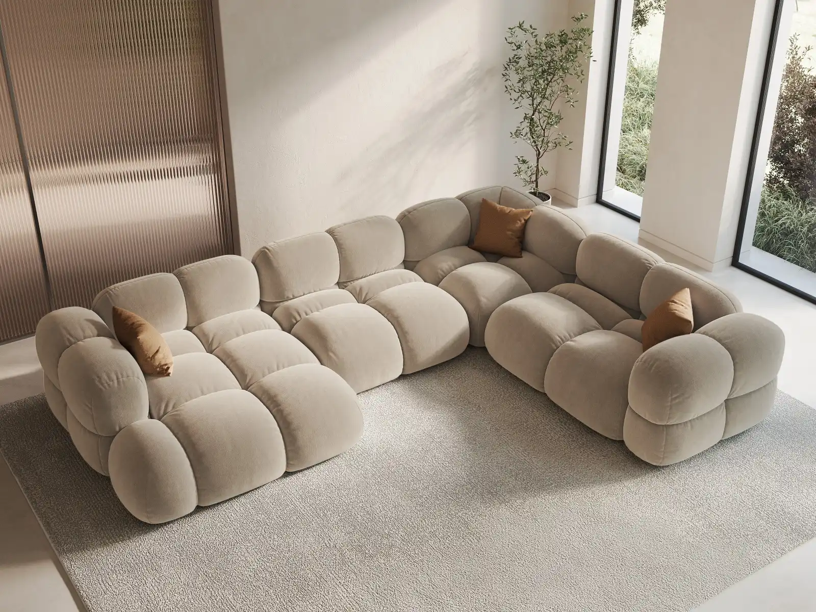 Loretto 5-Sitzer Panorama Ecksofa, Rechte Seite, aus Samt oder Strukturstoff, 345x250x68 cm - Image 2