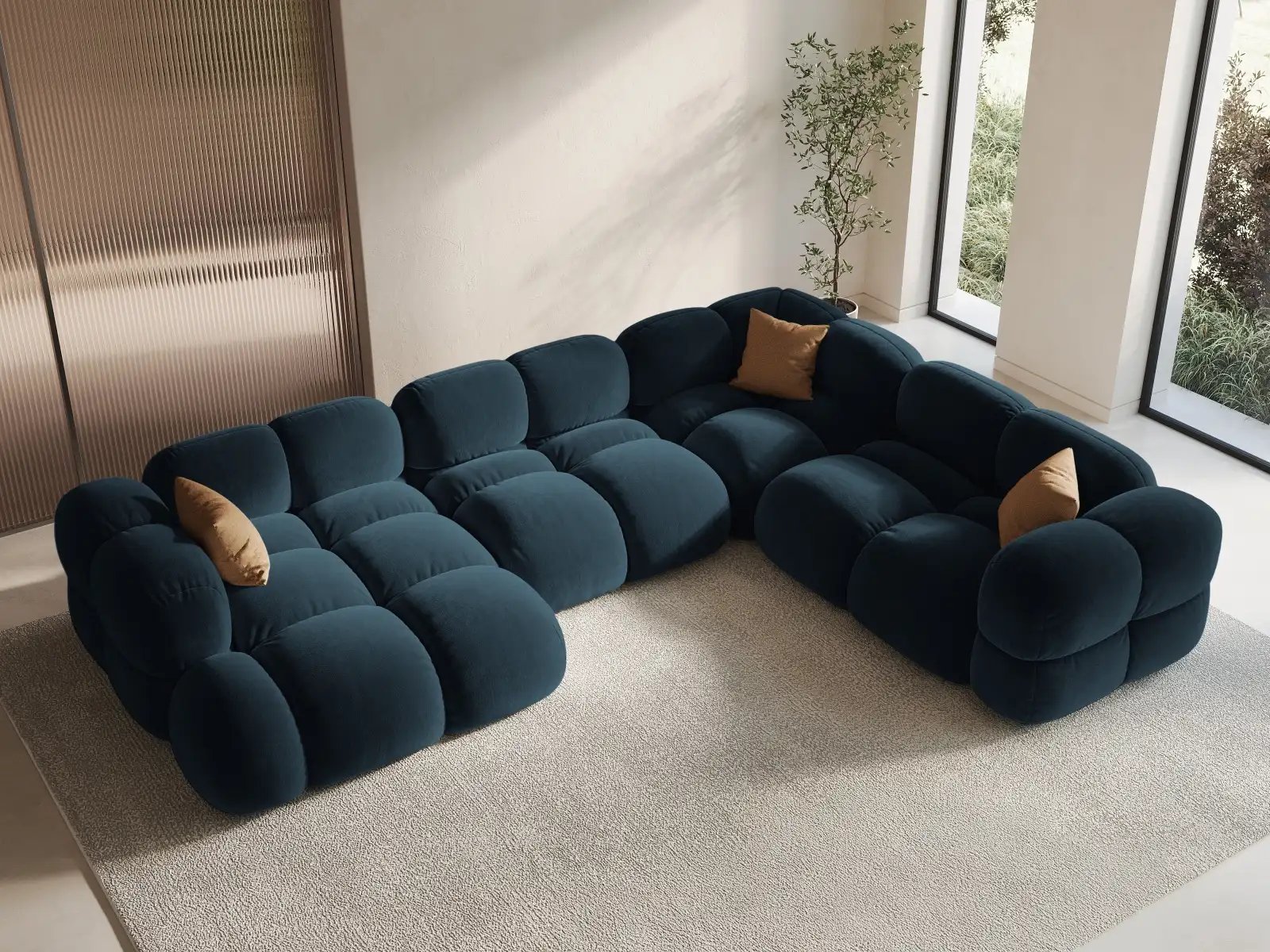 Loretto 5-Sitzer Panorama Ecksofa, Rechte Seite, aus Samt oder Strukturstoff, 345x250x68 cm - Image 26