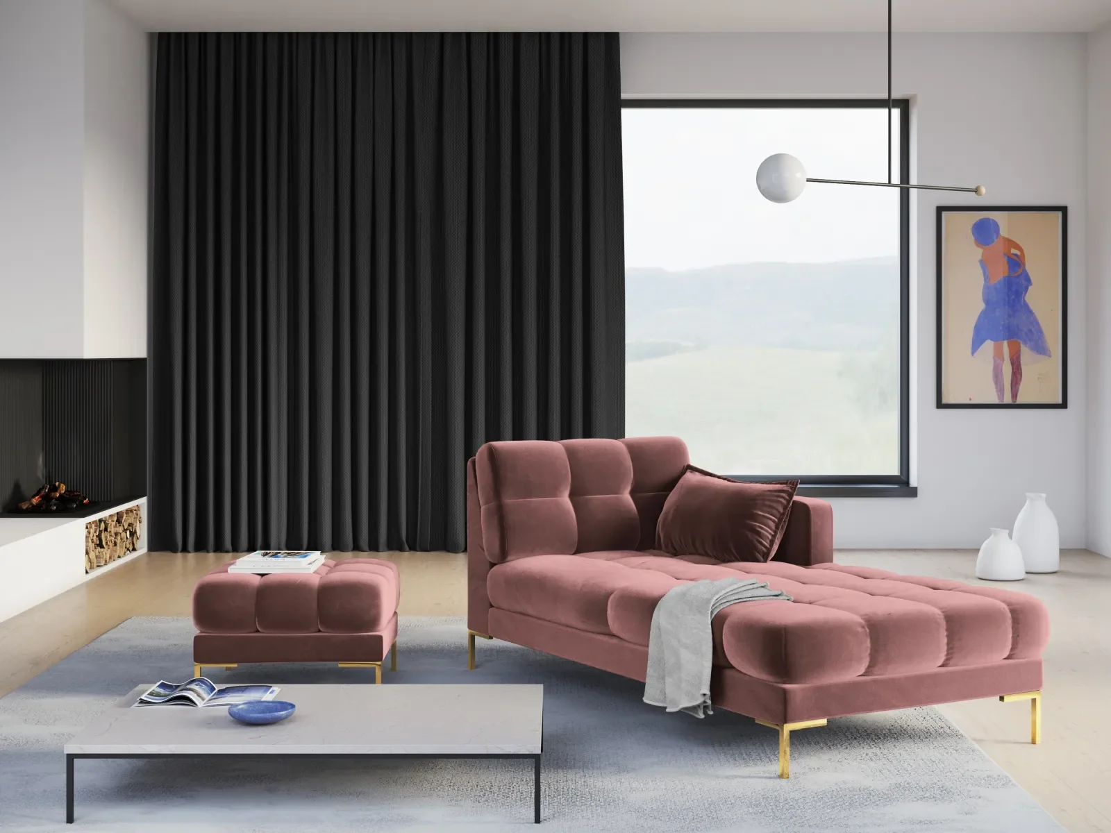 Mamaia 2-Sitzer Chaiselongue Rechte Seite, Beine Goldmetall, mit Bezug aus Samt oder Strukturstoff, 185x102 cm - Image 76