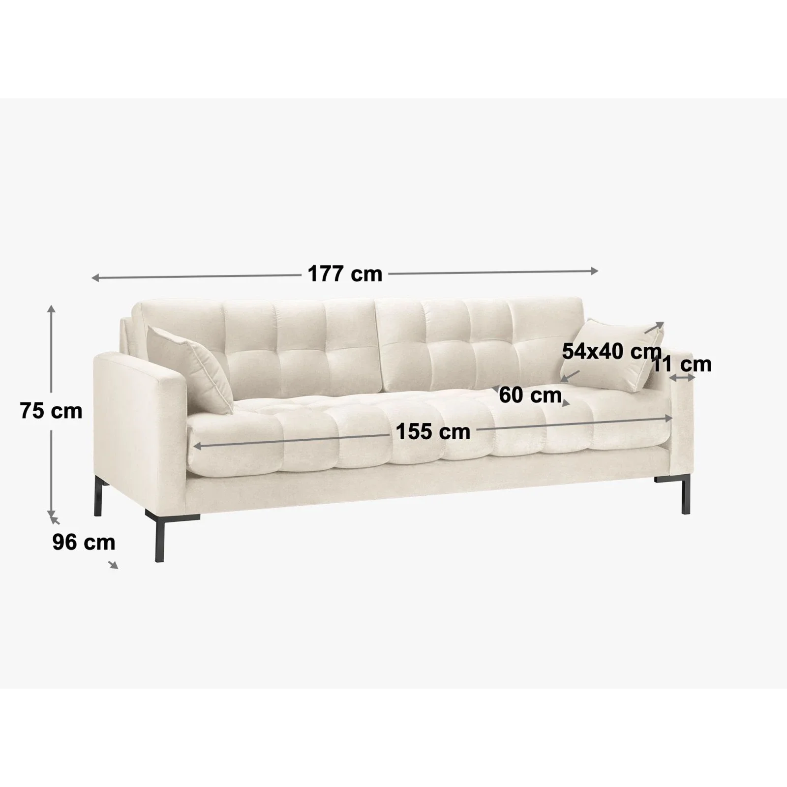 Mamaia 3-Sitzer Sofa, Metallbeine Schwarz, mit Bezug aus Samt oder Strukturstoff, 177x96 cm - Image 45