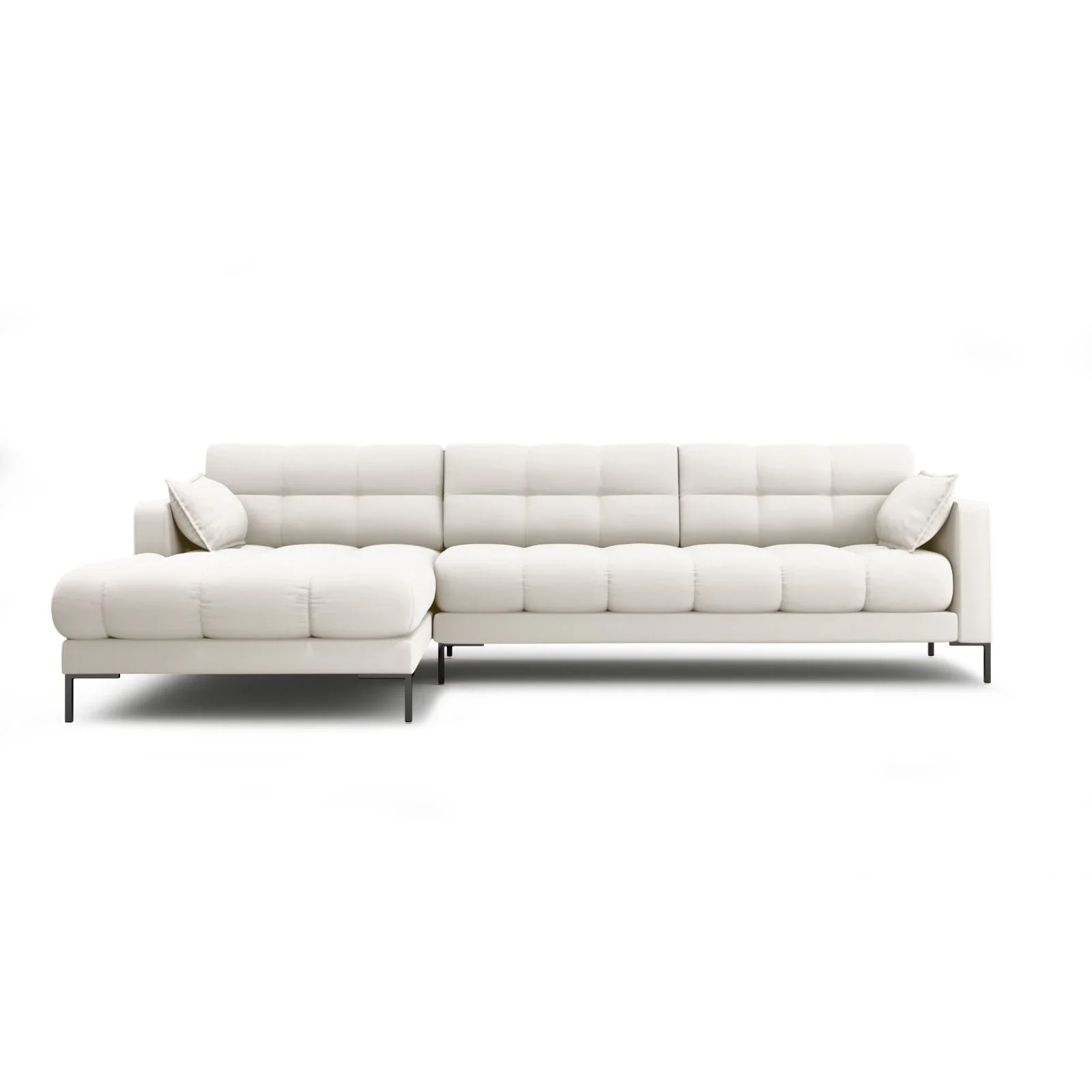 Mamaia 4-Sitzer Ecksofa, Linke Seite, Metallbeine Schwarz, mit Bezug aus Samt oder Strukturstoff, 293x185 cm