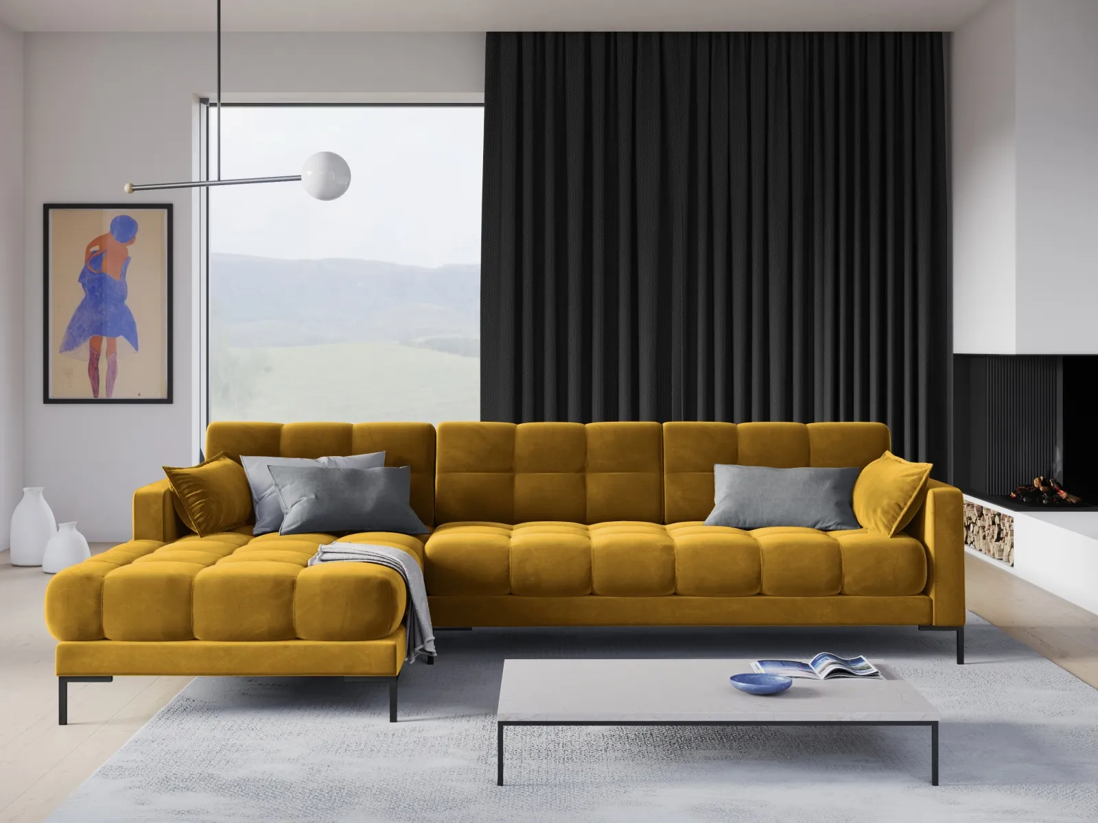 Mamaia 4-Sitzer Ecksofa, Linke Seite, Metallbeine Schwarz, mit Bezug aus Samt oder Strukturstoff, 293x185 cm - Image 114