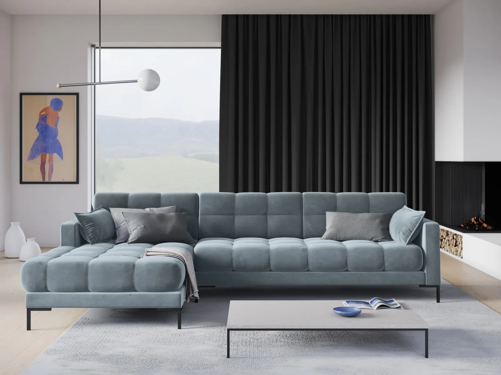 Mamaia 4-Sitzer Ecksofa, Linke Seite, Metallbeine Schwarz, mit Bezug aus Samt oder Strukturstoff, 293x185 cm - Image 130