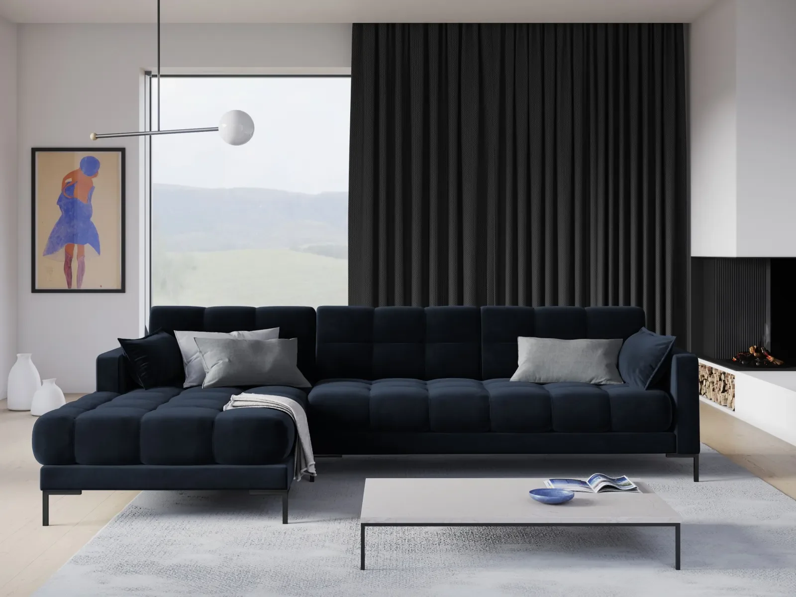 Mamaia 4-Sitzer Ecksofa, Linke Seite, Metallbeine Schwarz, mit Bezug aus Samt oder Strukturstoff, 293x185 cm - Image 146