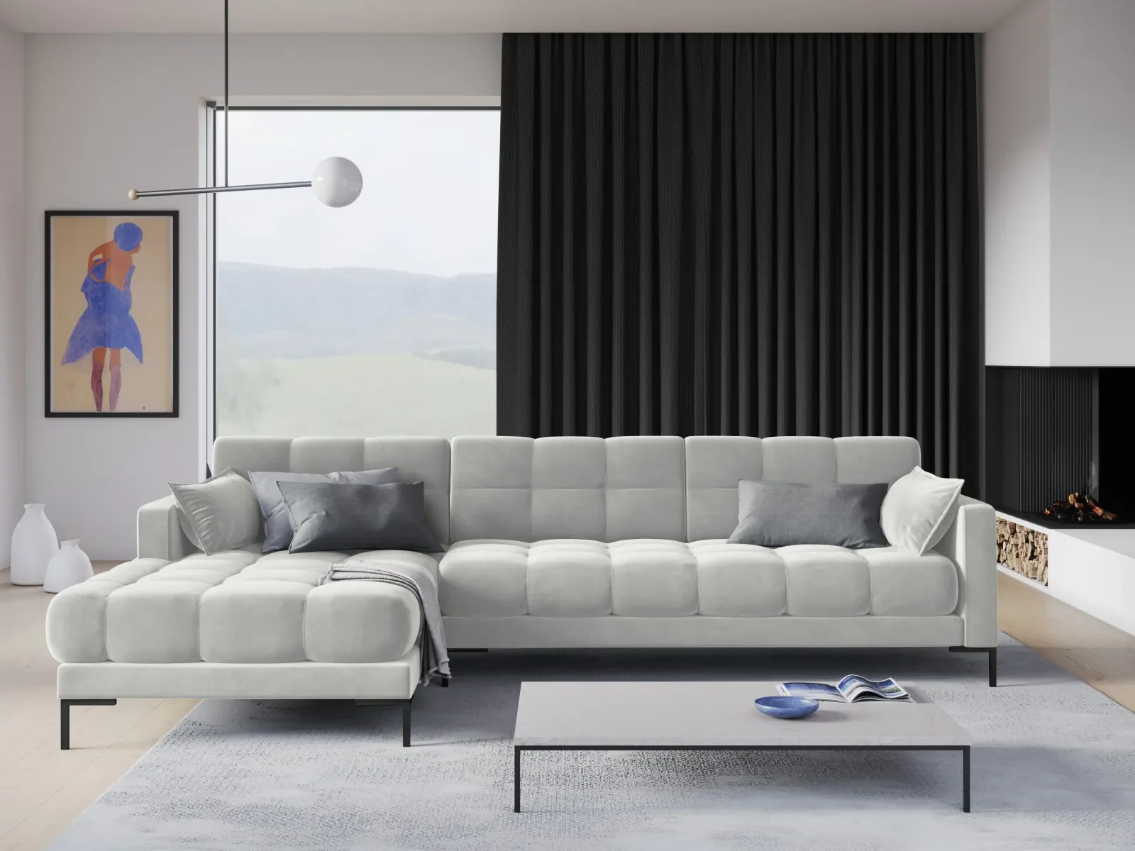 Mamaia 4-Sitzer Ecksofa, Linke Seite, Metallbeine Schwarz, mit Bezug aus Samt oder Strukturstoff, 293x185 cm - Image 58