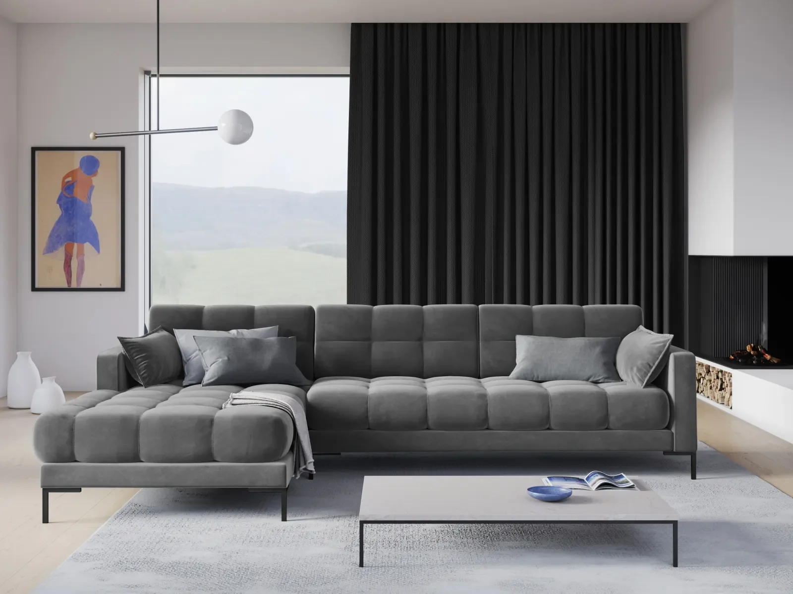 Mamaia 4-Sitzer Ecksofa, Linke Seite, Metallbeine Schwarz, mit Bezug aus Samt oder Strukturstoff, 293x185 cm - Image 66