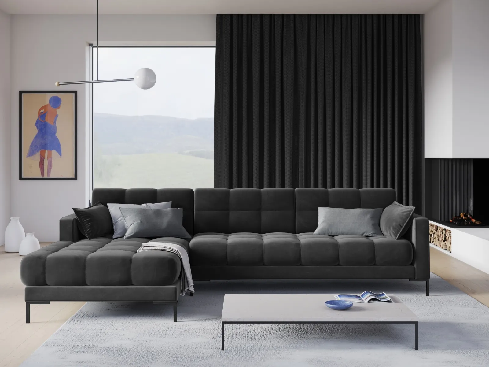 Mamaia 4-Sitzer Ecksofa, Linke Seite, Metallbeine Schwarz, mit Bezug aus Samt oder Strukturstoff, 293x185 cm - Image 74