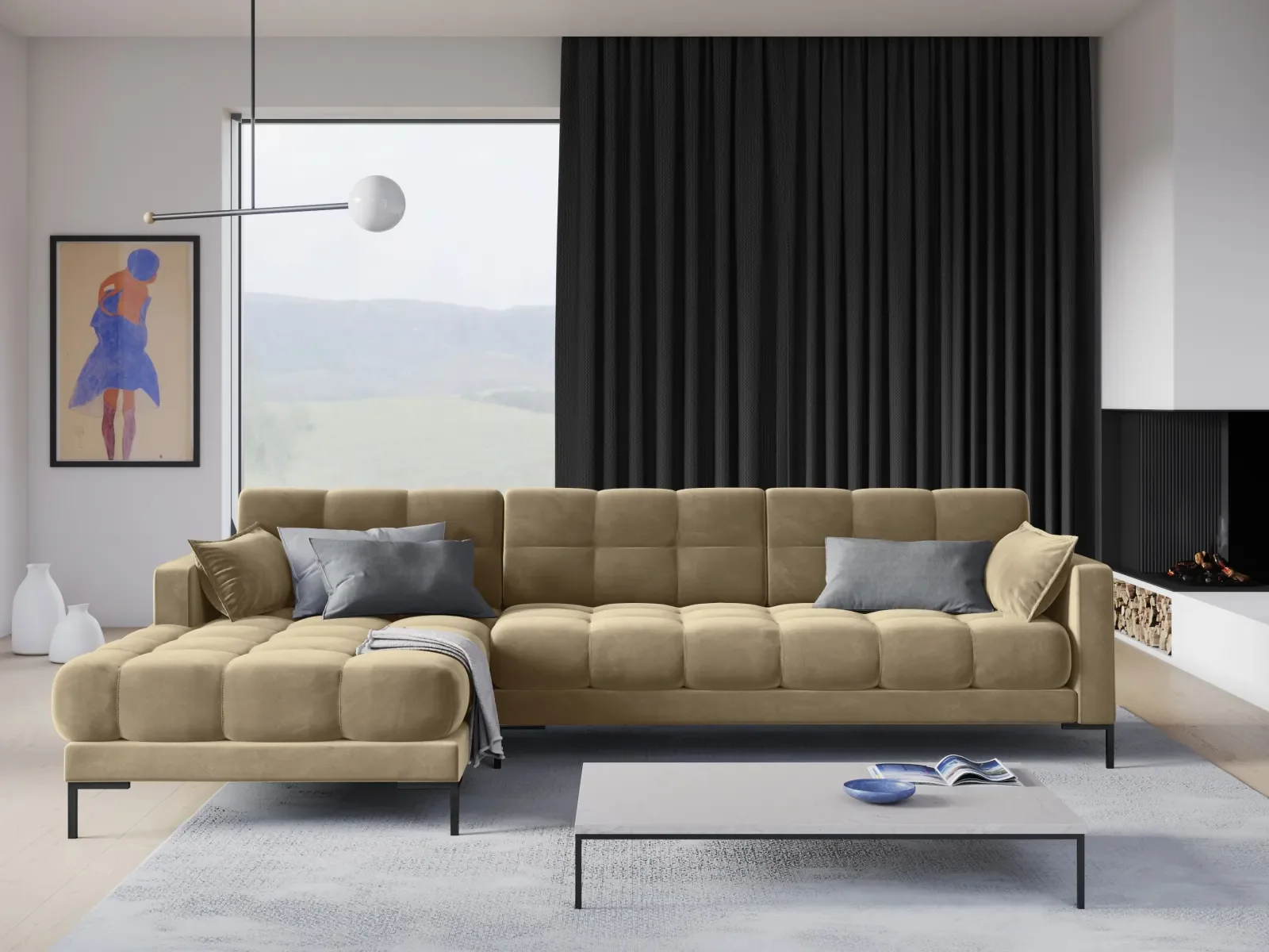 Mamaia 4-Sitzer Ecksofa, Linke Seite, Metallbeine Schwarz, mit Bezug aus Samt oder Strukturstoff, 293x185 cm - Image 90