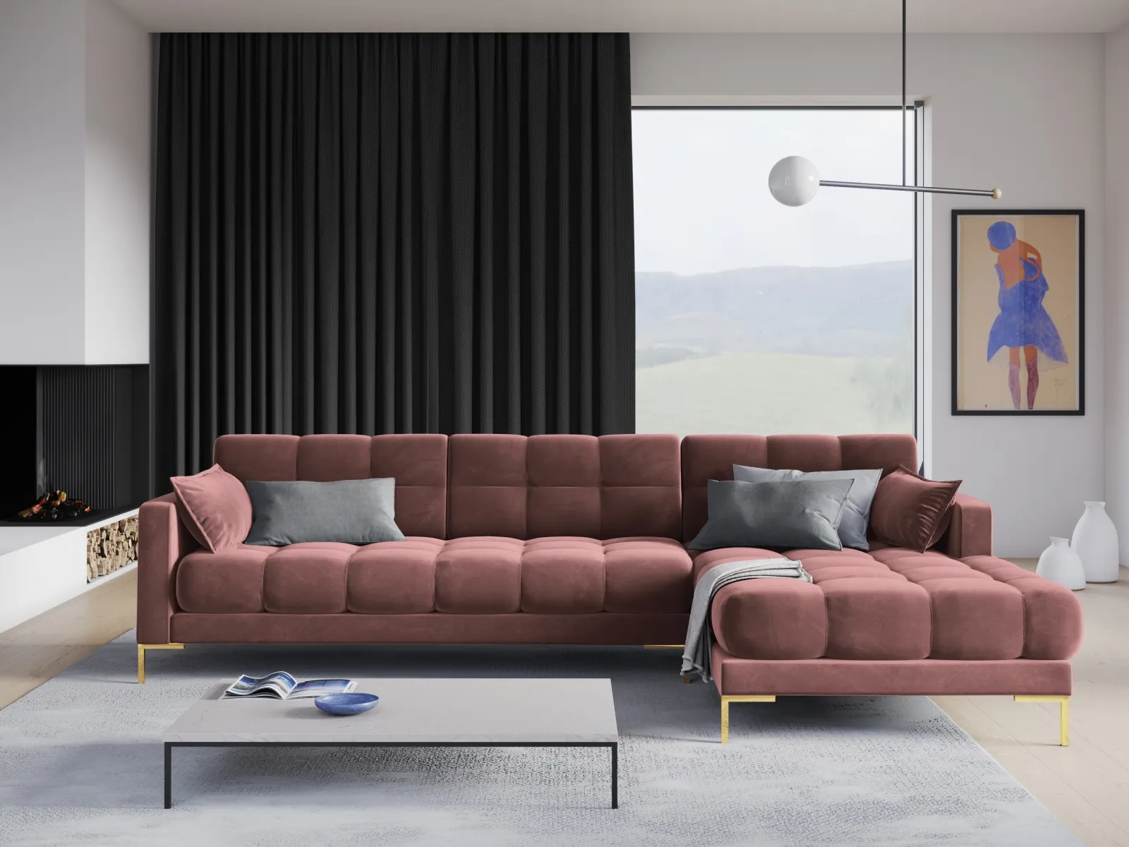 Mamaia 4-Sitzer Ecksofa, Rechte Seite, Beine Goldmetall, mit Bezug aus Samt oder Strukturstoff, 293x185 cm - Image 106