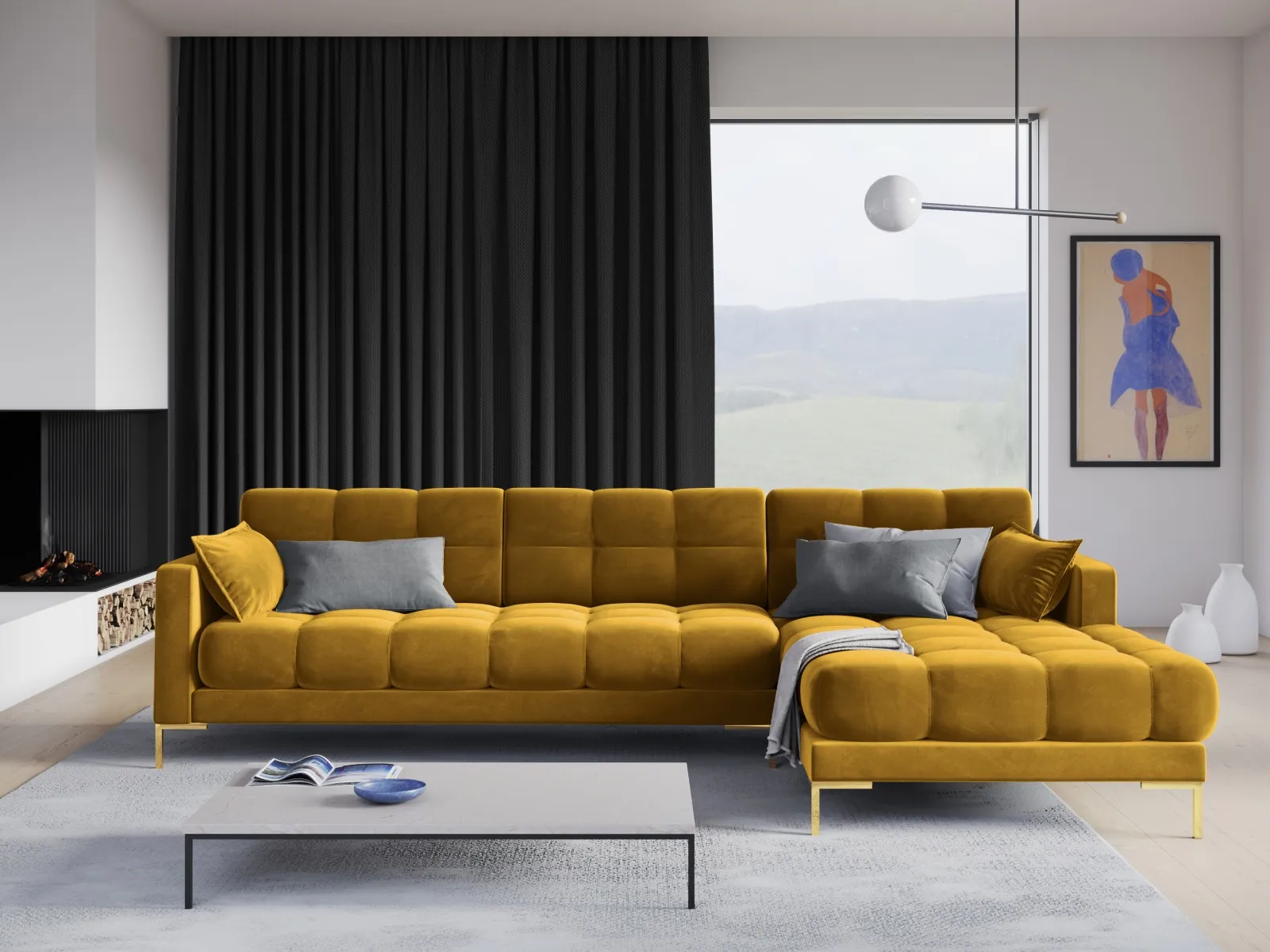 Mamaia 4-Sitzer Ecksofa, Rechte Seite, Beine Goldmetall, mit Bezug aus Samt oder Strukturstoff, 293x185 cm - Image 114