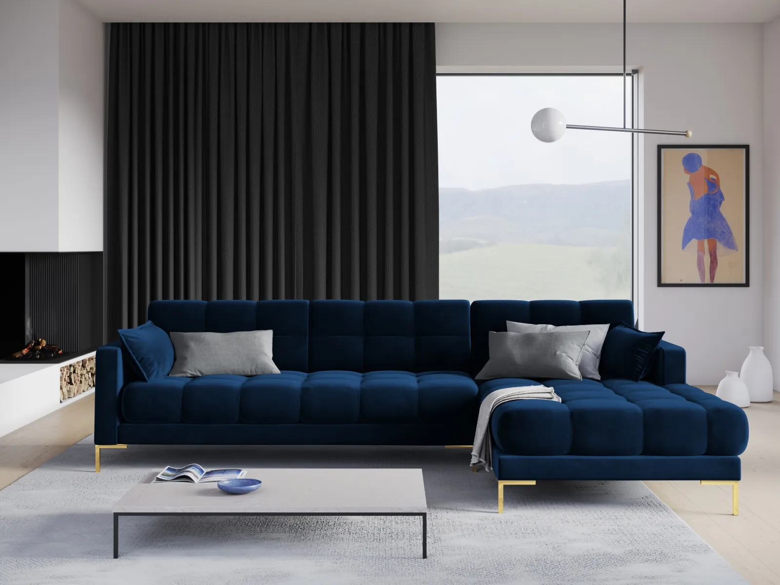 Mamaia 4-Sitzer Ecksofa, Rechte Seite, Beine Goldmetall, mit Bezug aus Samt oder Strukturstoff, 293x185 cm - Image 138