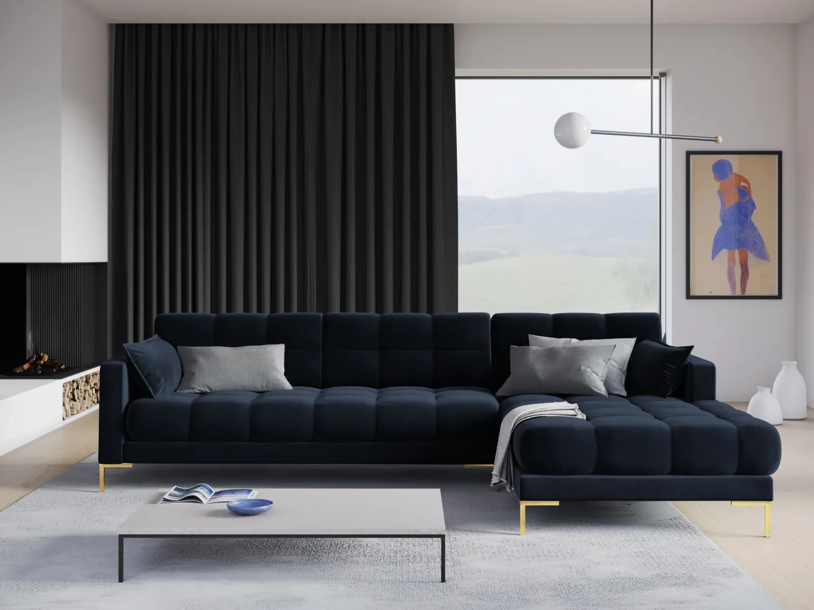 Mamaia 4-Sitzer Ecksofa, Rechte Seite, Beine Goldmetall, mit Bezug aus Samt oder Strukturstoff, 293x185 cm - Image 146