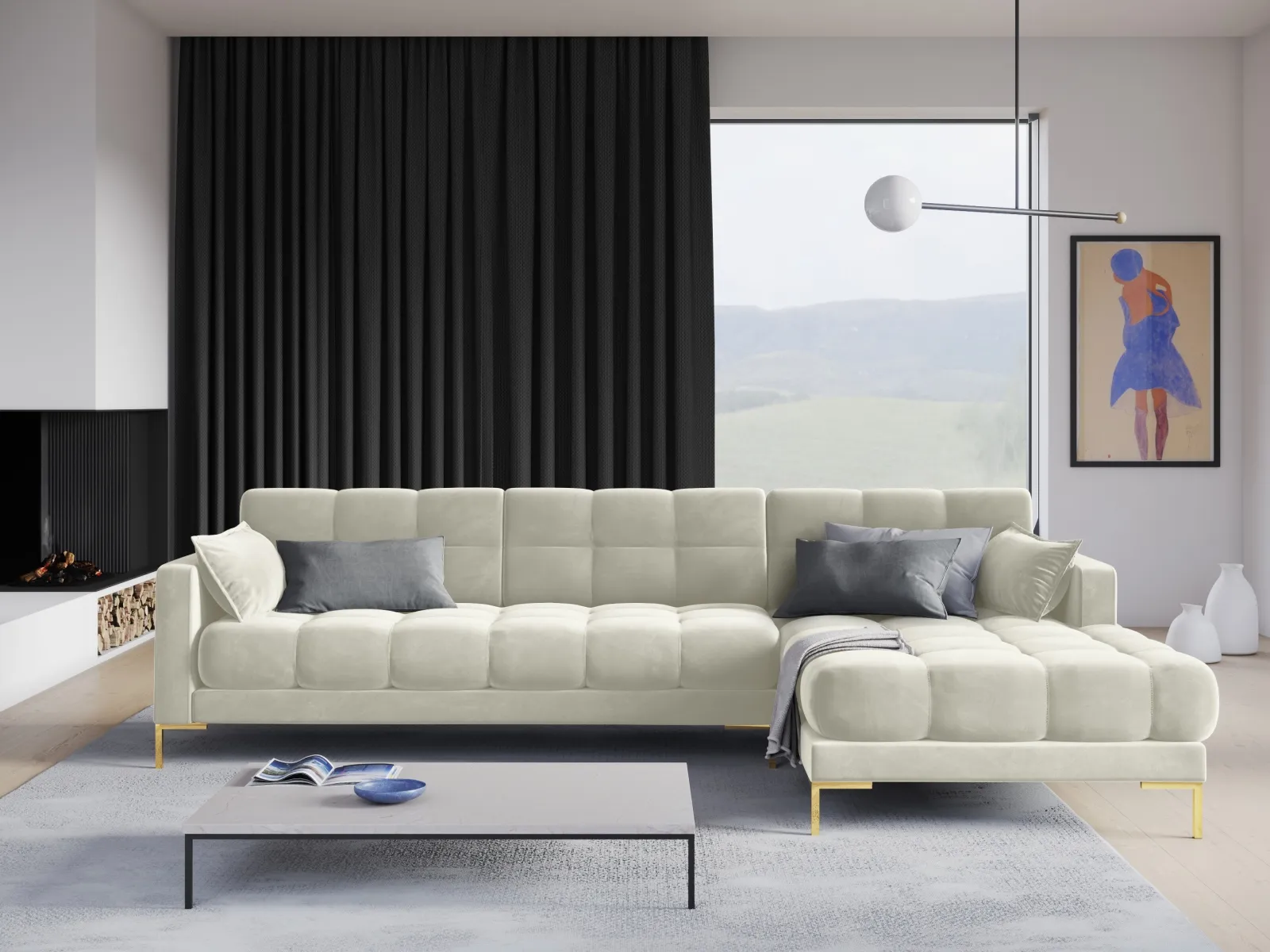 Mamaia 4-Sitzer Ecksofa, Rechte Seite, Beine Goldmetall, mit Bezug aus Samt oder Strukturstoff, 293x185 cm - Image 50