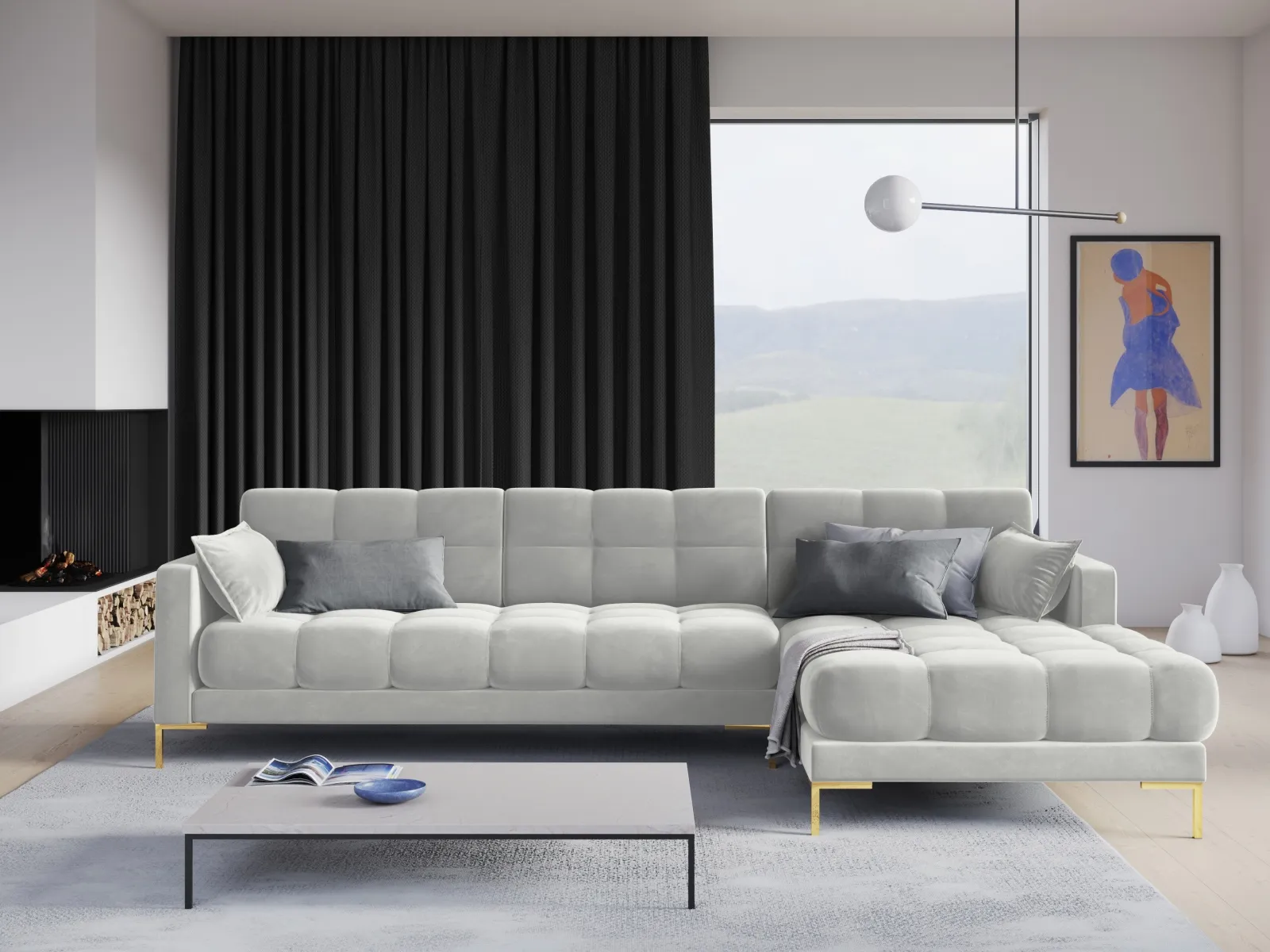 Mamaia 4-Sitzer Ecksofa, Rechte Seite, Beine Goldmetall, mit Bezug aus Samt oder Strukturstoff, 293x185 cm - Image 58