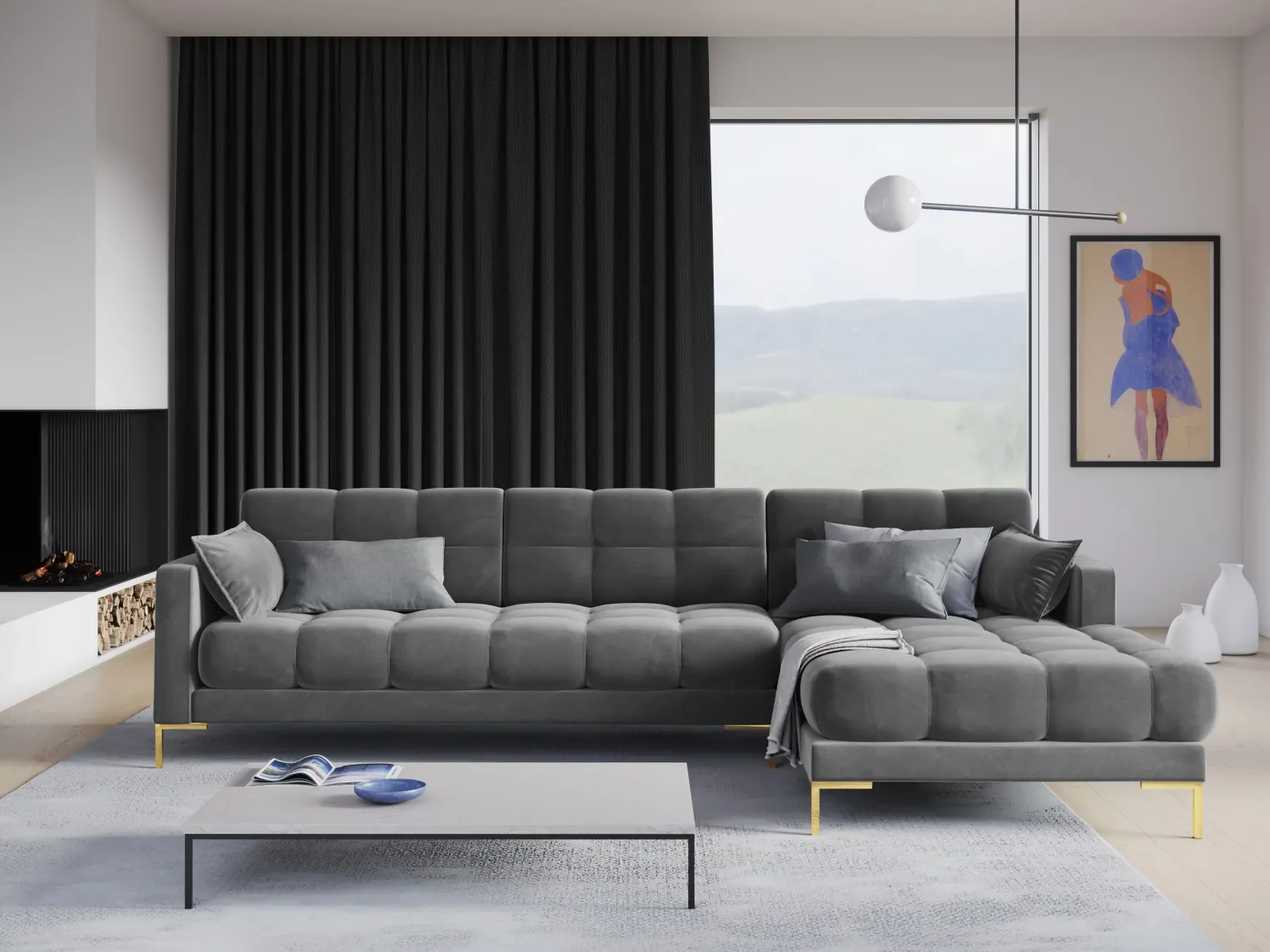 Mamaia 4-Sitzer Ecksofa, Rechte Seite, Beine Goldmetall, mit Bezug aus Samt oder Strukturstoff, 293x185 cm - Image 66