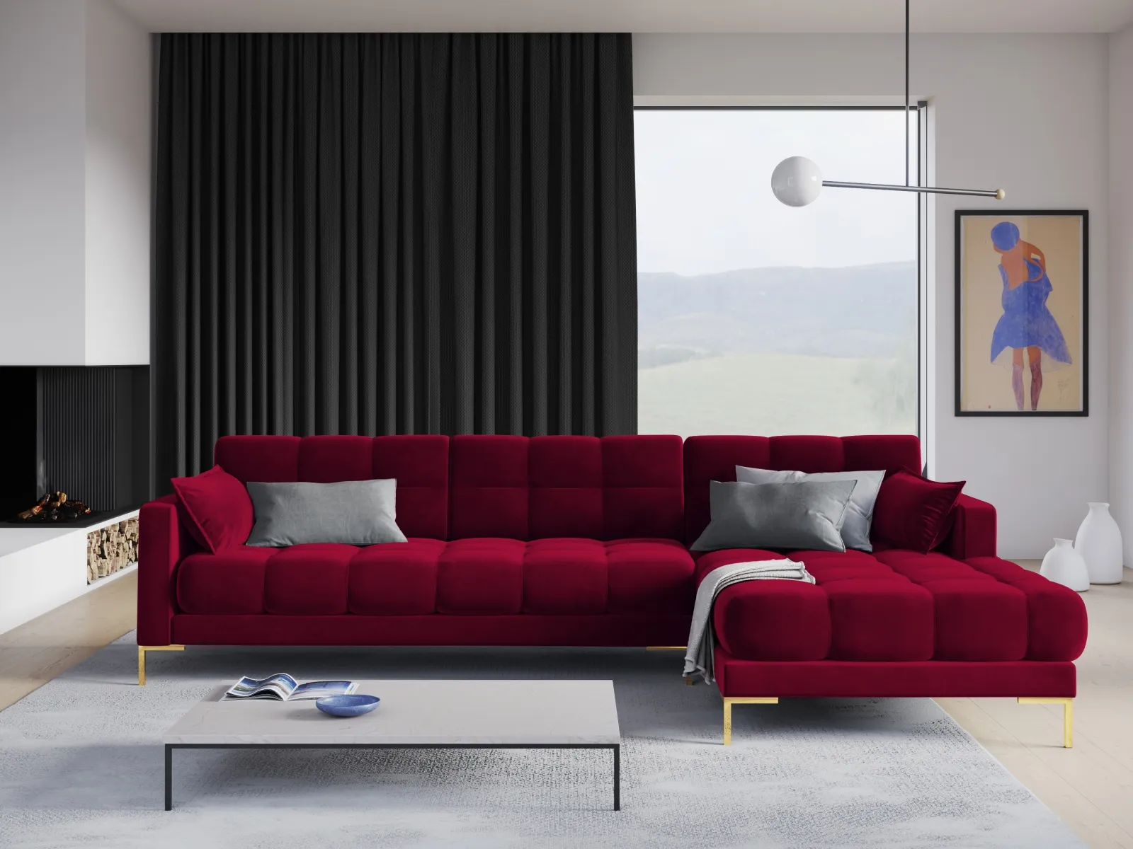 Mamaia 4-Sitzer Ecksofa, Rechte Seite, Beine Goldmetall, mit Bezug aus Samt oder Strukturstoff, 293x185 cm - Image 98