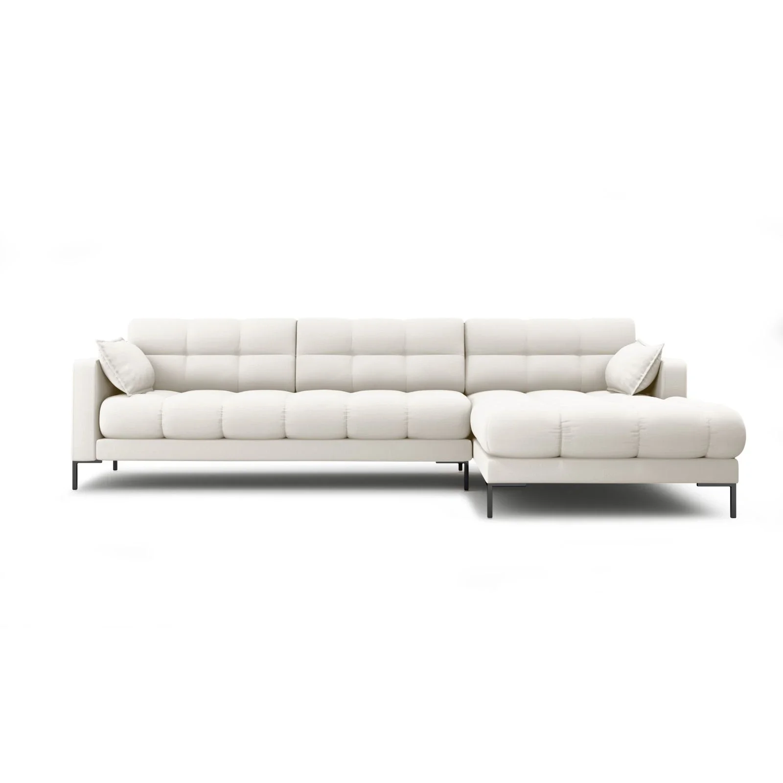 Mamaia 4-Sitzer Ecksofa, Rechte Seite, Metallbeine Schwarz, mit Bezug aus Samt oder Strukturstoff, 293x185 cm