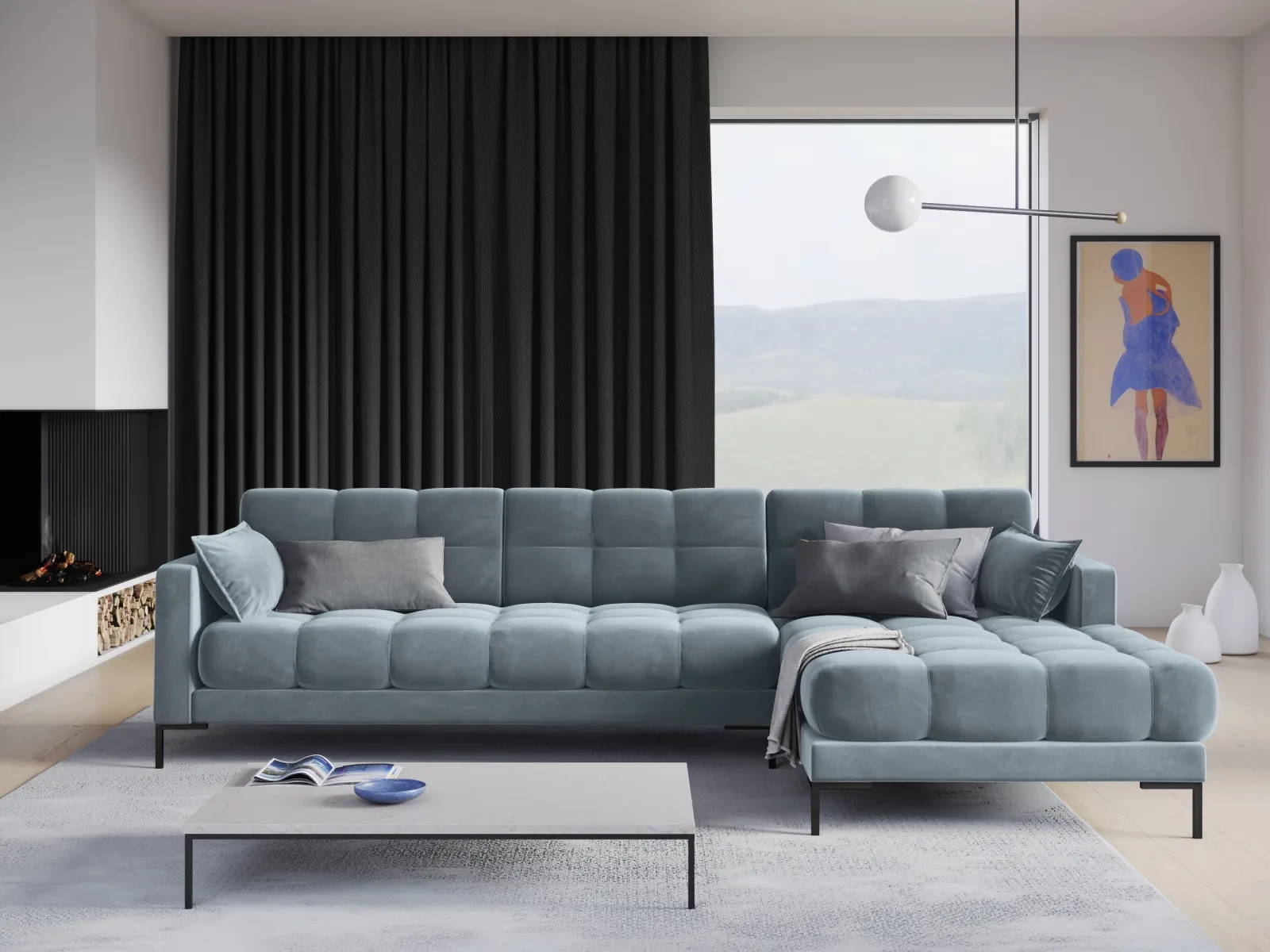 Mamaia 4-Sitzer Ecksofa, Rechte Seite, Metallbeine Schwarz, mit Bezug aus Samt oder Strukturstoff, 293x185 cm - Image 130