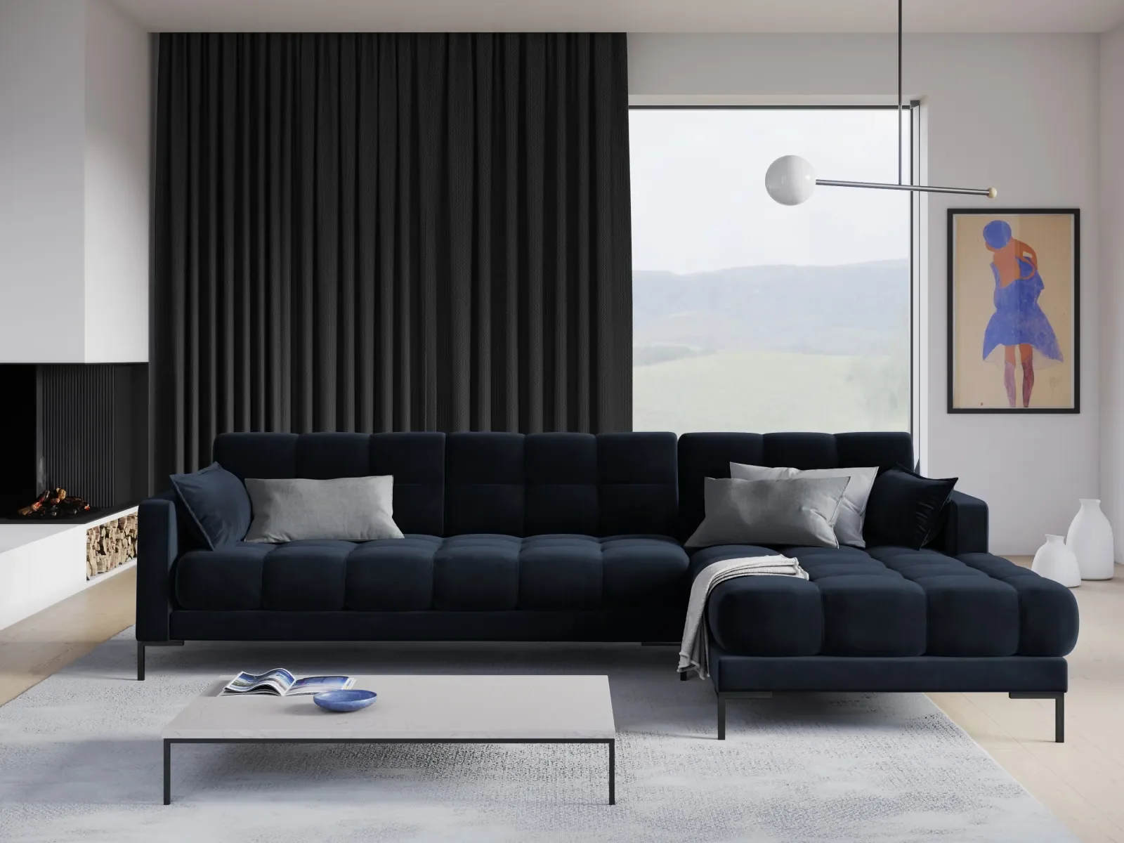Mamaia 4-Sitzer Ecksofa, Rechte Seite, Metallbeine Schwarz, mit Bezug aus Samt oder Strukturstoff, 293x185 cm - Image 146
