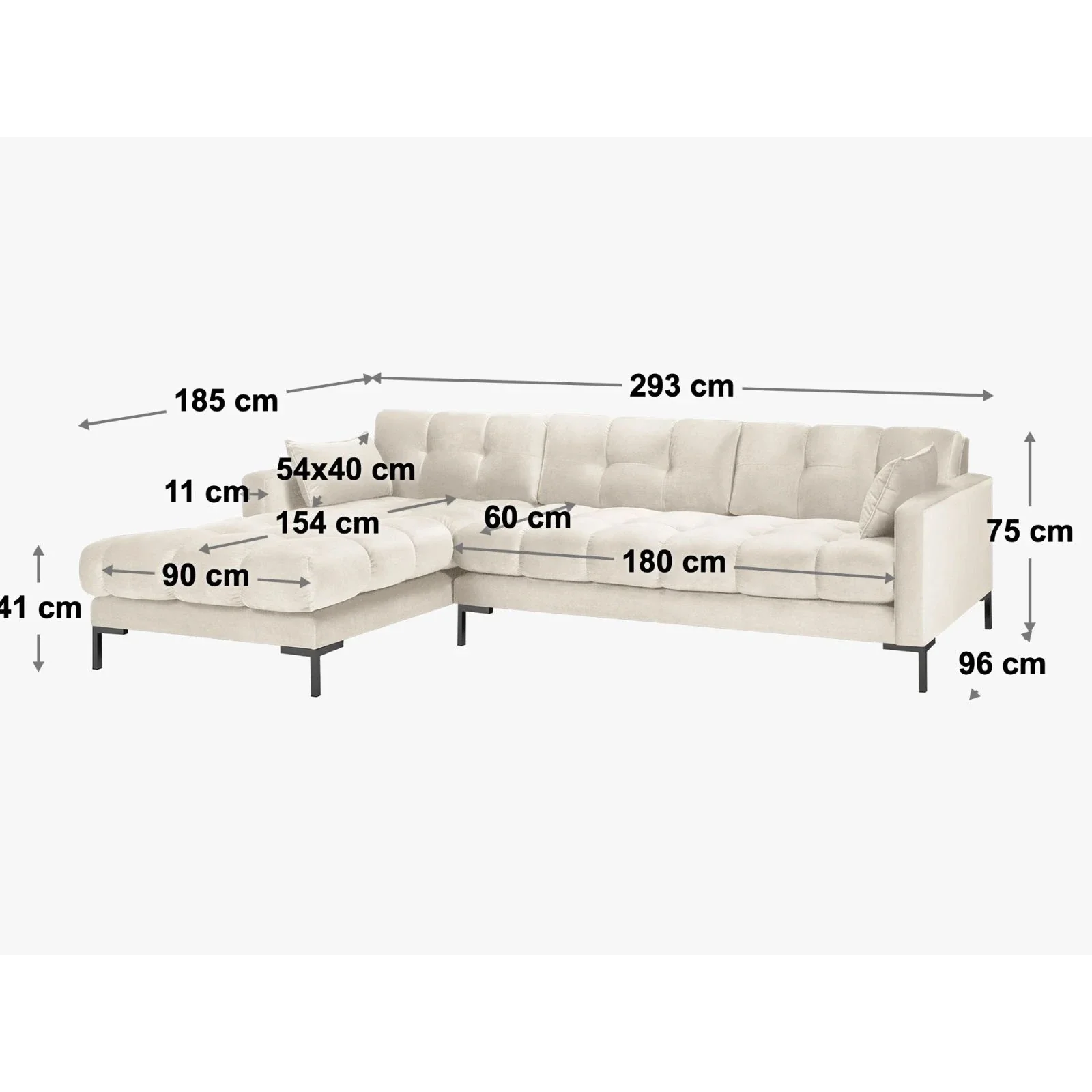 Mamaia 4-Sitzer Ecksofa, Rechte Seite, Metallbeine Schwarz, mit Bezug aus Samt oder Strukturstoff, 293x185 cm - Image 5