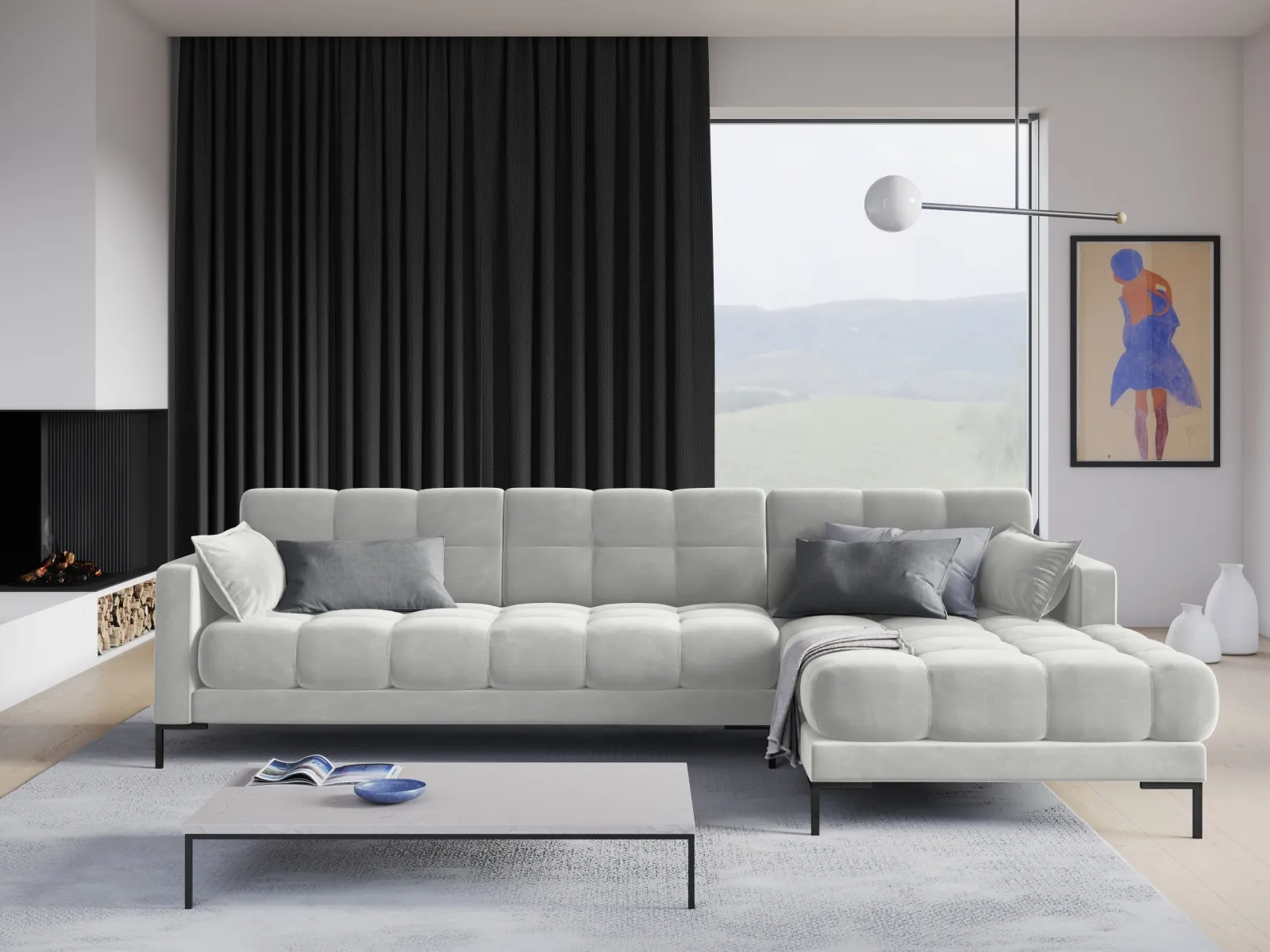 Mamaia 4-Sitzer Ecksofa, Rechte Seite, Metallbeine Schwarz, mit Bezug aus Samt oder Strukturstoff, 293x185 cm - Image 58