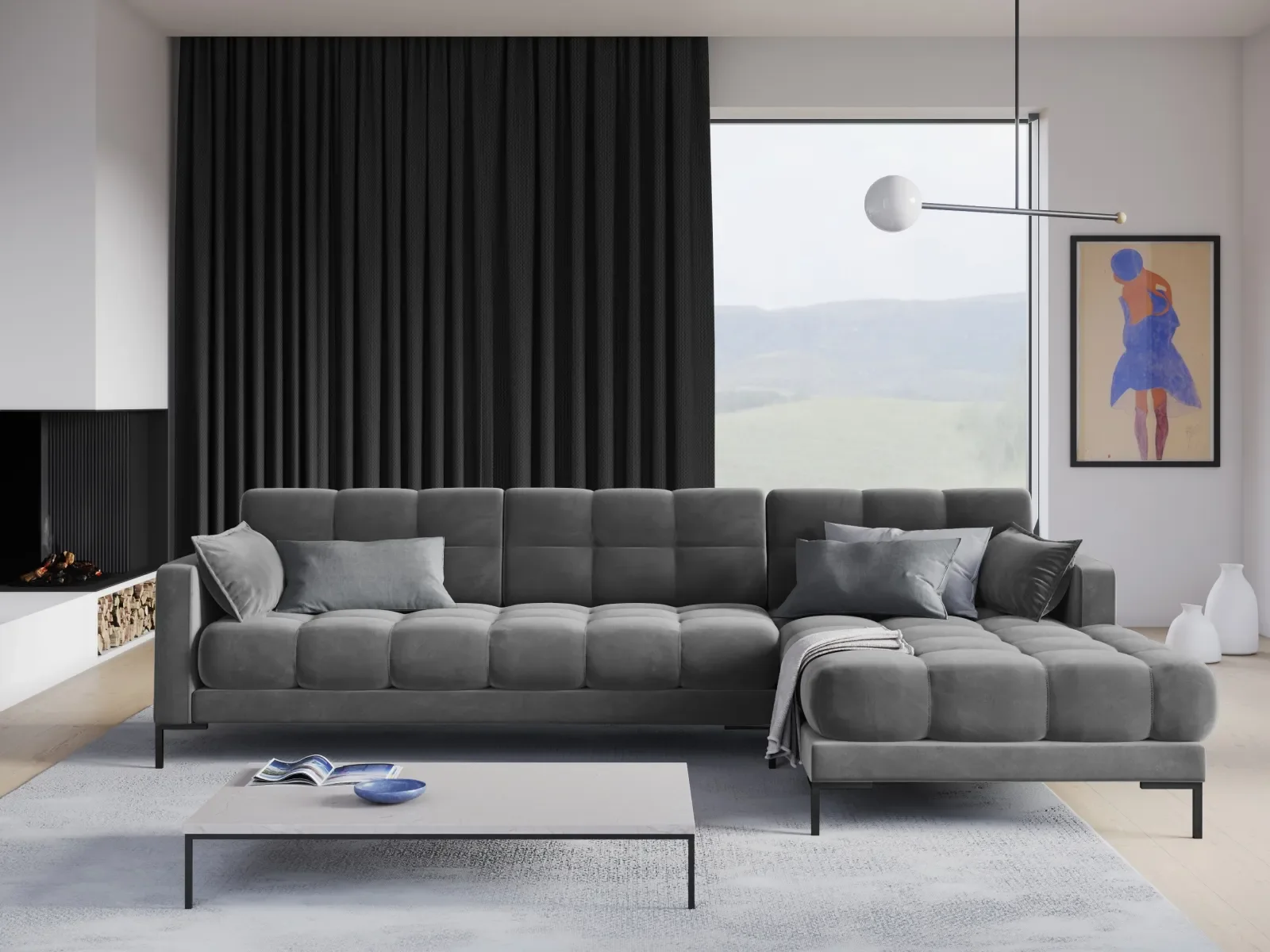 Mamaia 4-Sitzer Ecksofa, Rechte Seite, Metallbeine Schwarz, mit Bezug aus Samt oder Strukturstoff, 293x185 cm - Image 66