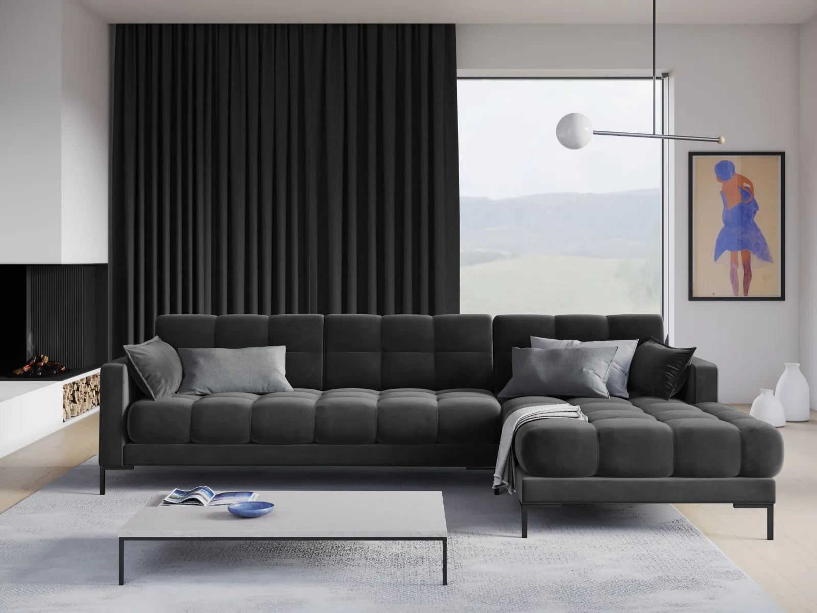 Mamaia 4-Sitzer Ecksofa, Rechte Seite, Metallbeine Schwarz, mit Bezug aus Samt oder Strukturstoff, 293x185 cm - Image 74