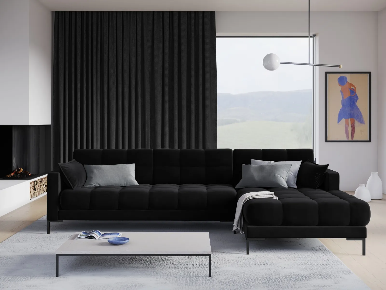 Mamaia 4-Sitzer Ecksofa, Rechte Seite, Metallbeine Schwarz, mit Bezug aus Samt oder Strukturstoff, 293x185 cm - Image 82