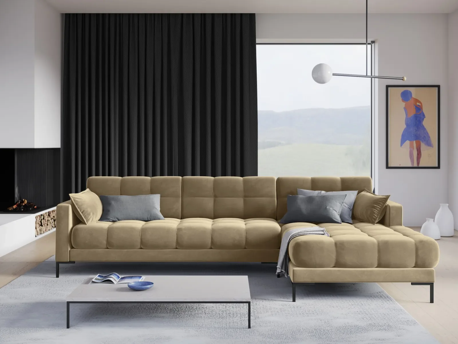 Mamaia 4-Sitzer Ecksofa, Rechte Seite, Metallbeine Schwarz, mit Bezug aus Samt oder Strukturstoff, 293x185 cm - Image 90