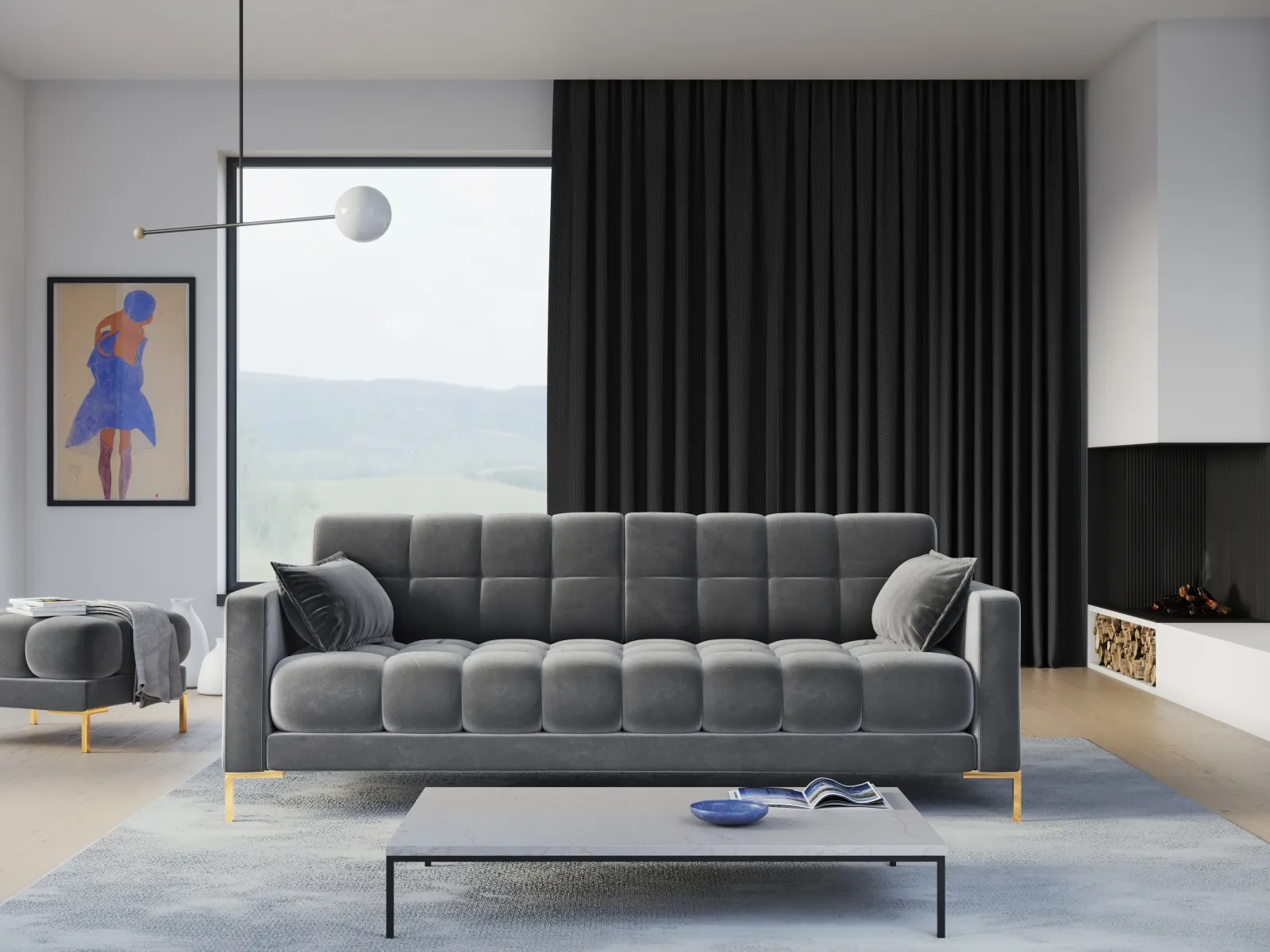 Mamaia 4-Sitzer Sofa, Beine Goldmetall, mit Bezug aus Samt oder Strukturstoff, 217x96 cm - Image 114