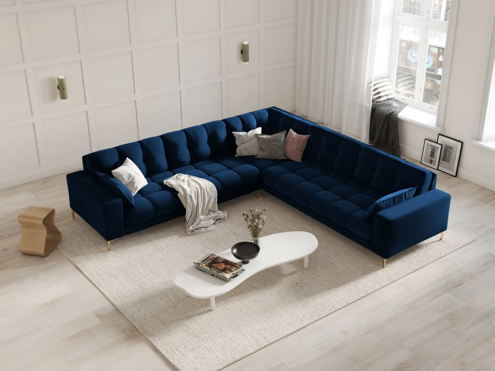Mamaia 5-Sitzer Ecksofa symmetrisch, Beine Goldmetall, mit Bezug aus Samt oder Strukturstoff, 256x256 cm - Image 130