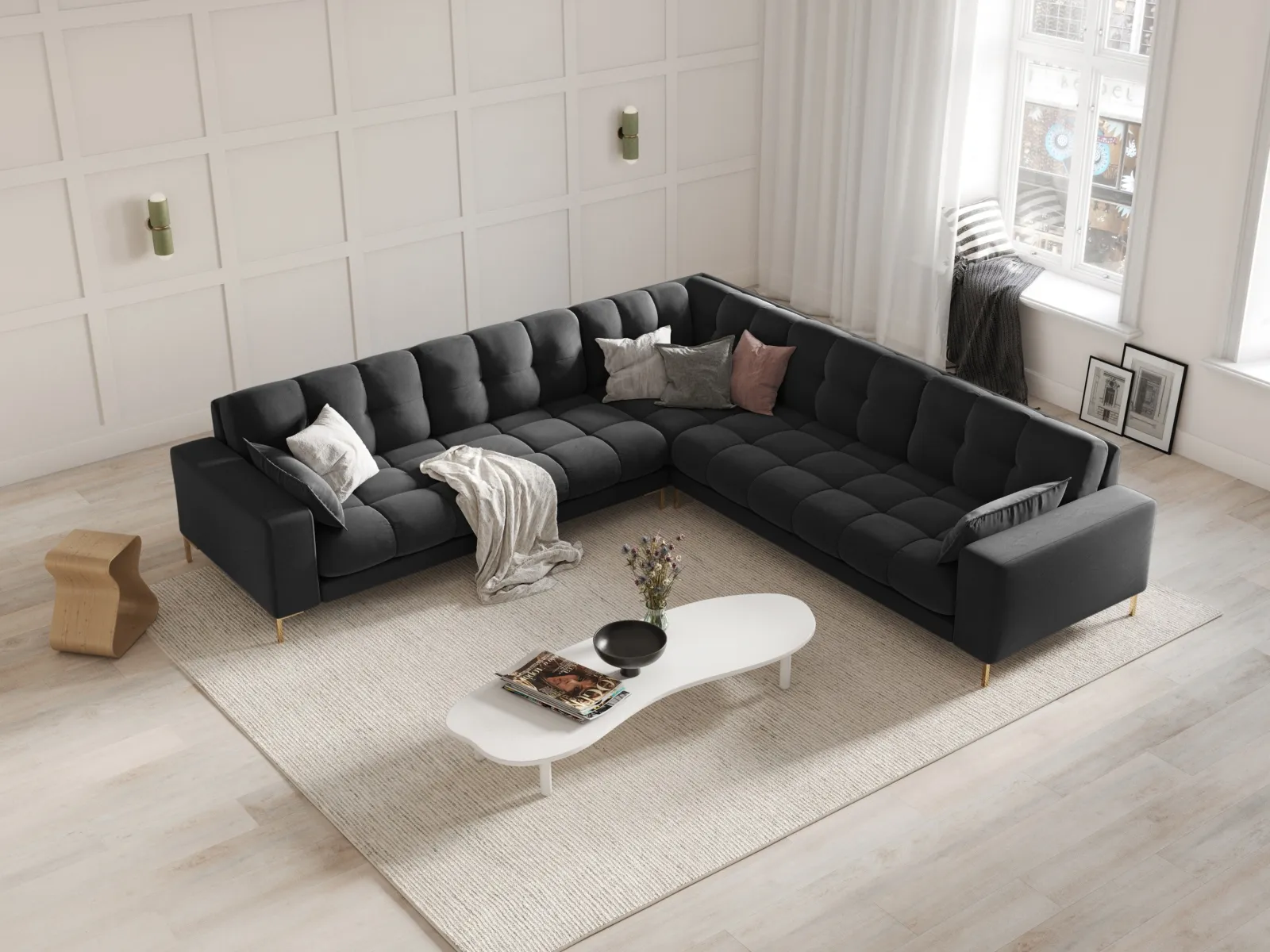 Mamaia 5-Sitzer Ecksofa symmetrisch, Beine Goldmetall, mit Bezug aus Samt oder Strukturstoff, 256x256 cm - Image 66