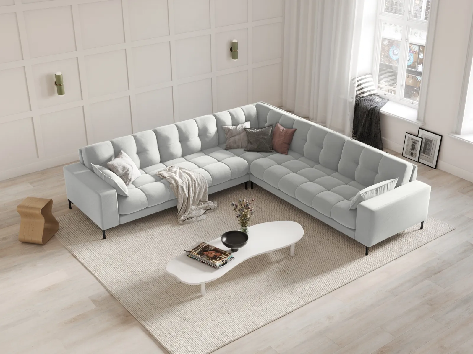 Mamaia 5-Sitzer Ecksofa symmetrisch, Metallbeine Schwarz, mit Bezug aus Samt oder Strukturstoff, 256x256 cm - Image 50
