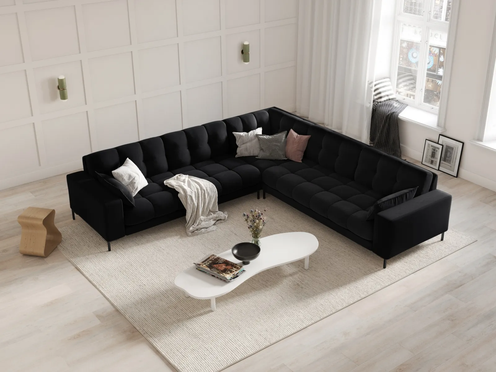 Mamaia 5-Sitzer Ecksofa symmetrisch, Metallbeine Schwarz, mit Bezug aus Samt oder Strukturstoff, 256x256 cm - Image 74