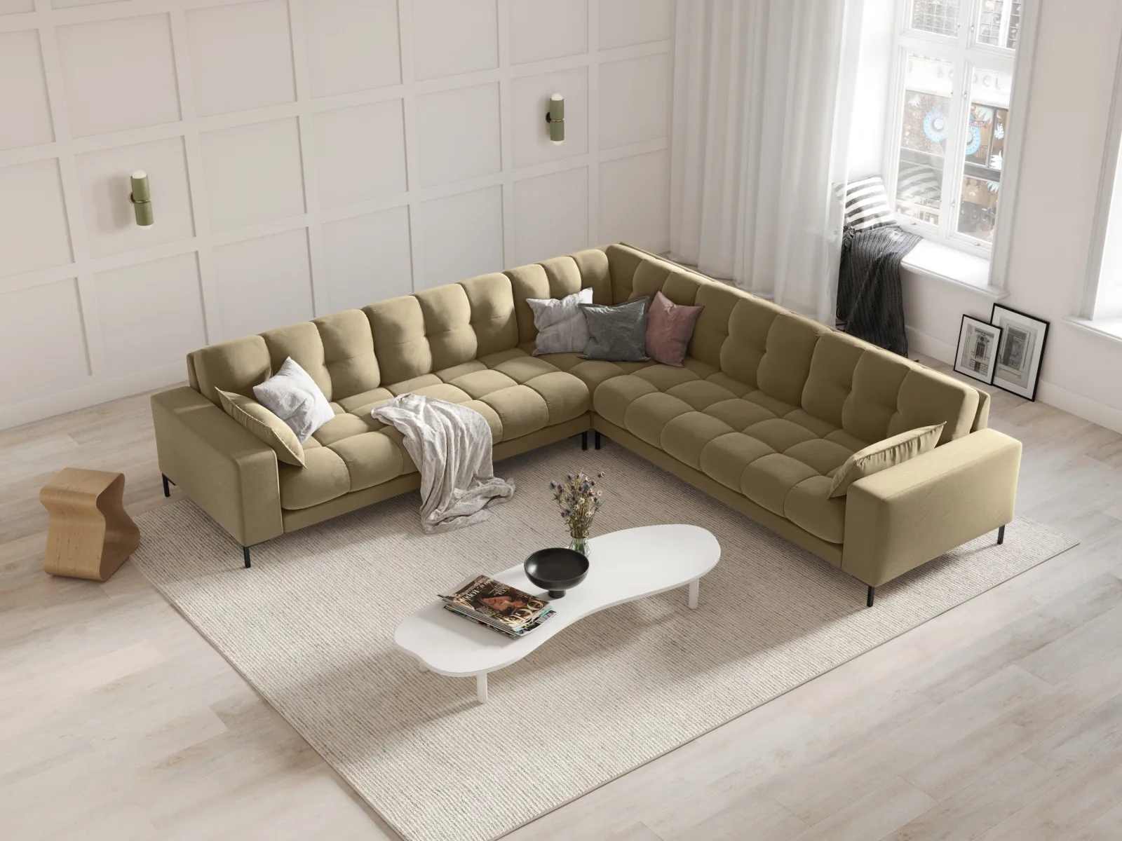 Mamaia 5-Sitzer Ecksofa symmetrisch, Metallbeine Schwarz, mit Bezug aus Samt oder Strukturstoff, 256x256 cm - Image 82