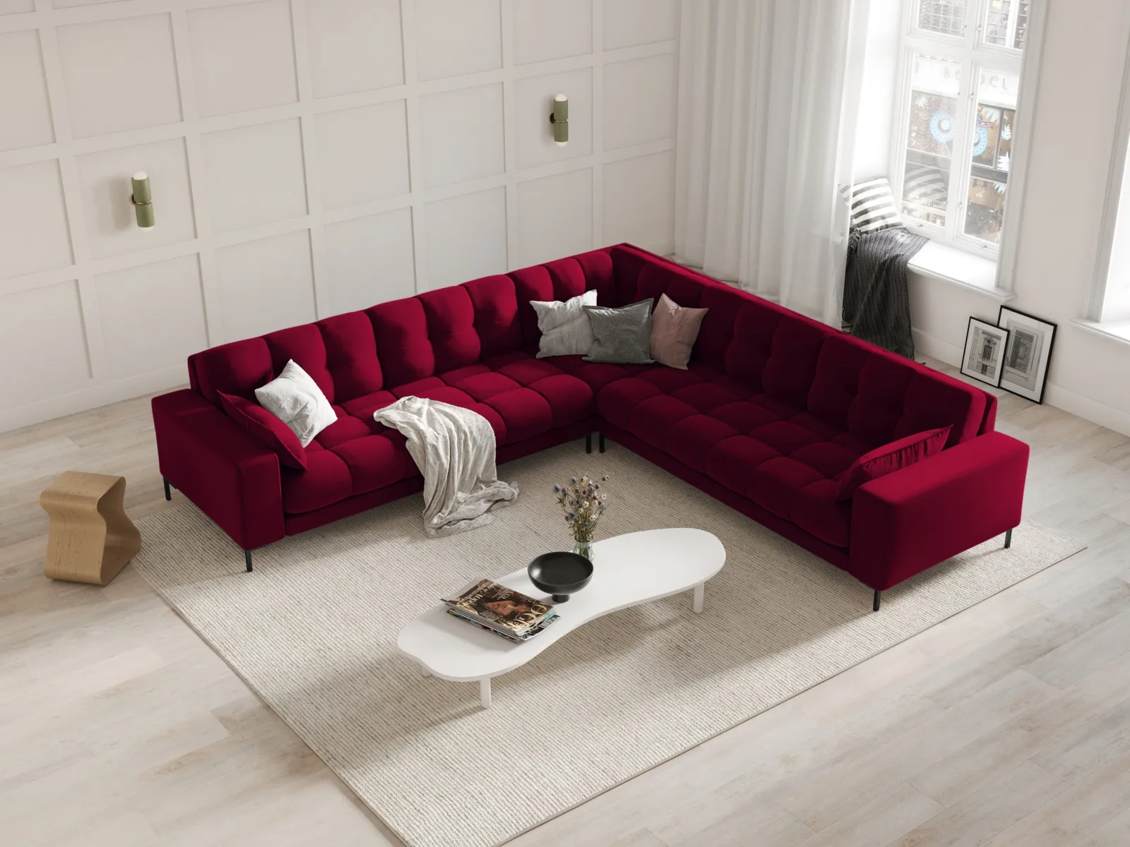 Mamaia 5-Sitzer Ecksofa symmetrisch, Metallbeine Schwarz, mit Bezug aus Samt oder Strukturstoff, 256x256 cm - Image 90