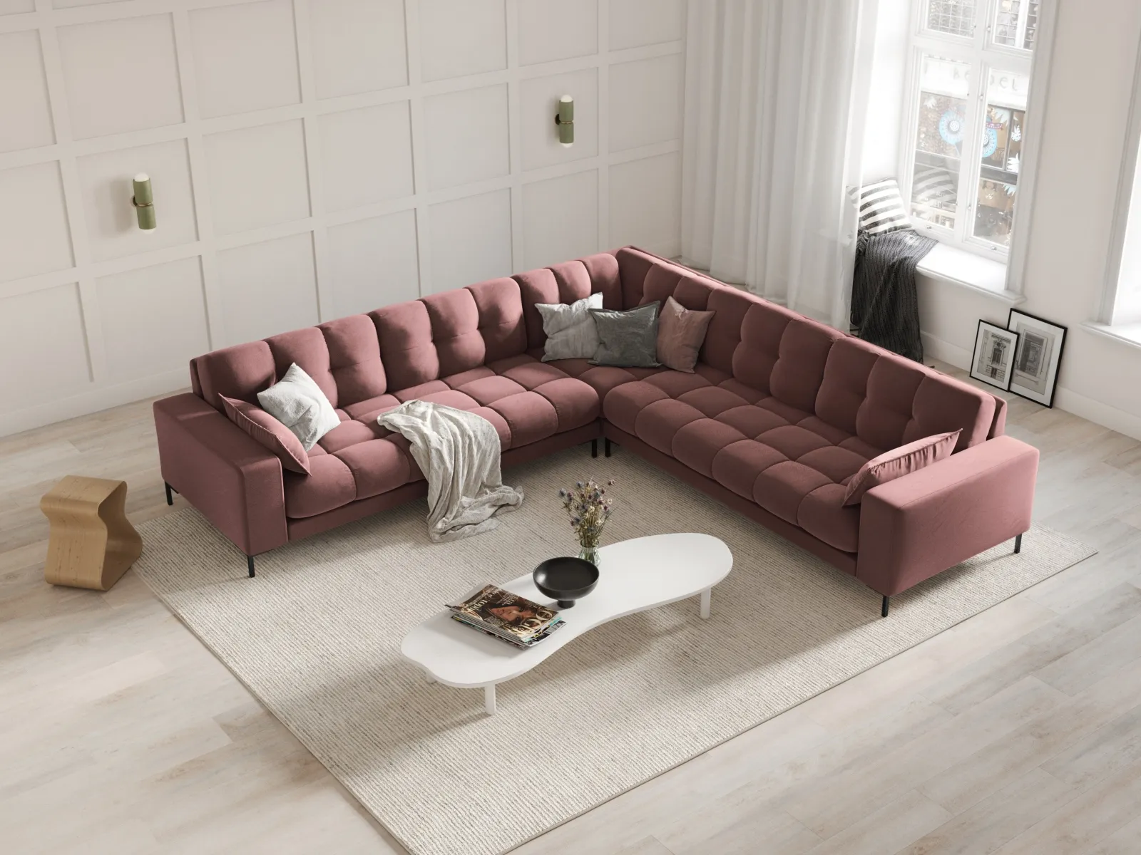 Mamaia 5-Sitzer Ecksofa symmetrisch, Metallbeine Schwarz, mit Bezug aus Samt oder Strukturstoff, 256x256 cm - Image 98
