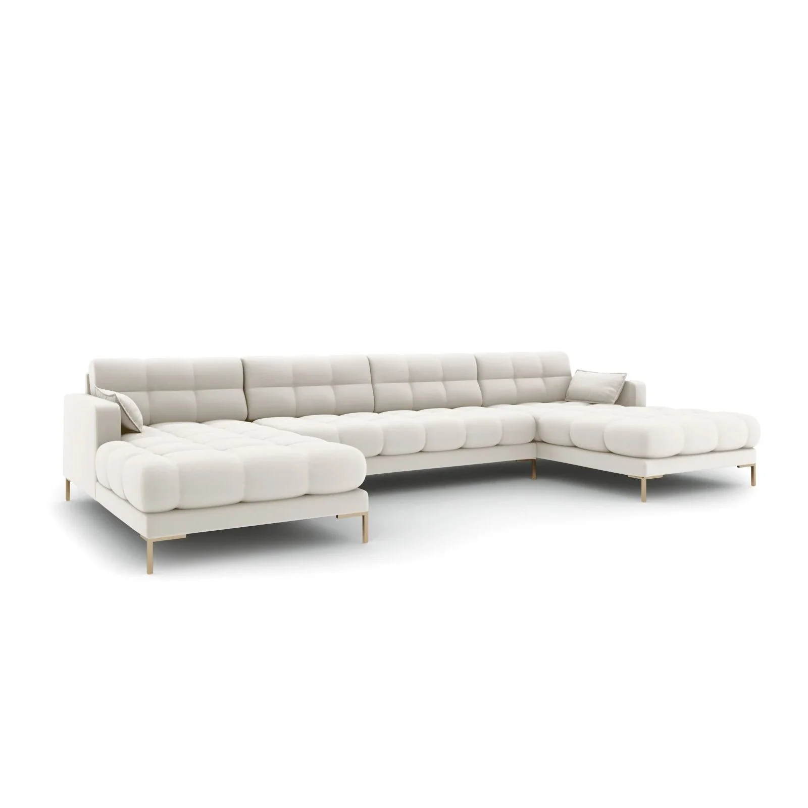 Mamaia 6-Sitzer Panorama-Sofa symmetrisch, Beine Goldmetall, mit Bezug aus Samt oder Strukturstoff, 383x185 cm