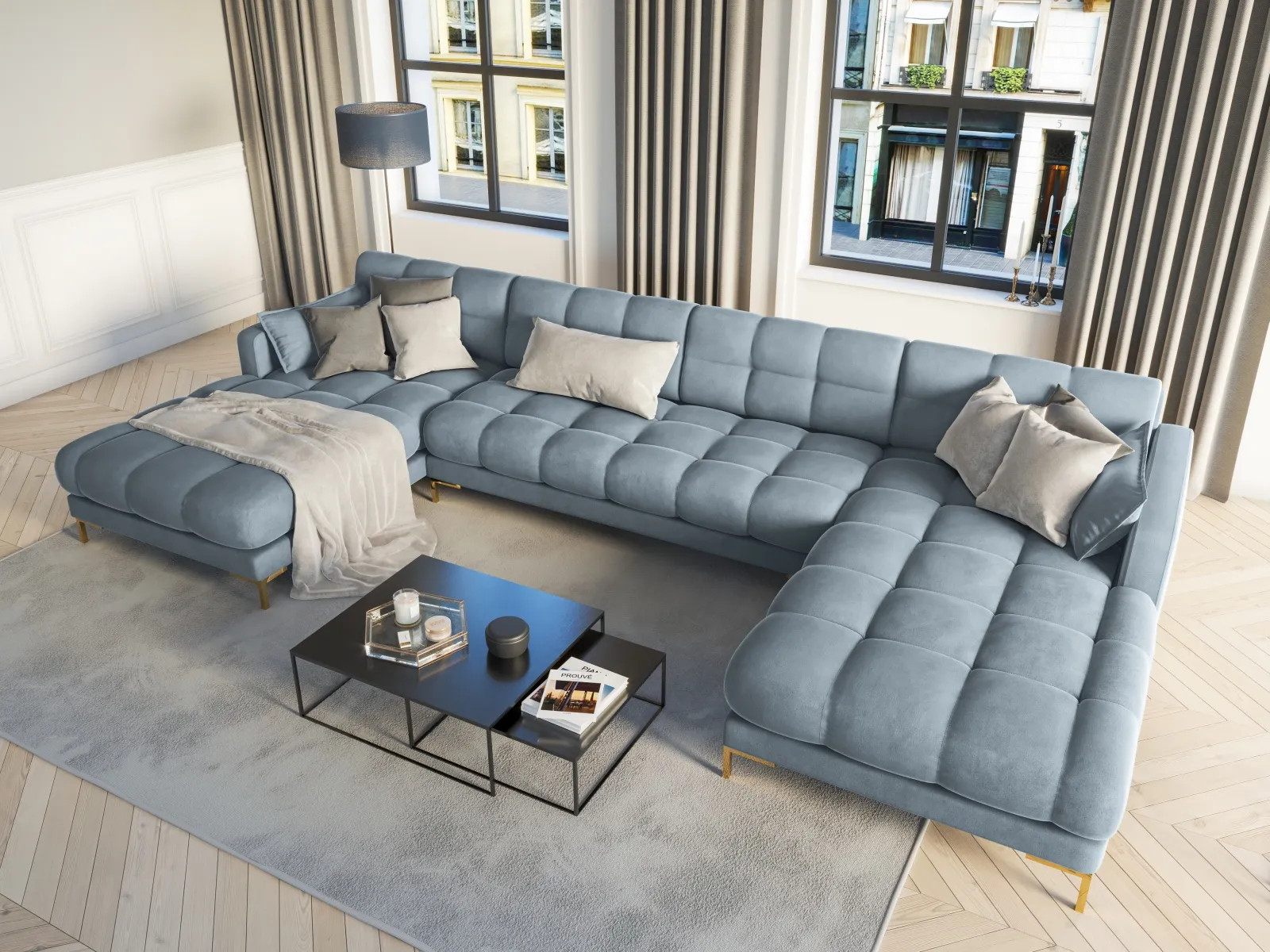 Mamaia 6-Sitzer Panorama-Sofa symmetrisch, Beine Goldmetall, mit Bezug aus Samt oder Strukturstoff, 383x185 cm - Image 122