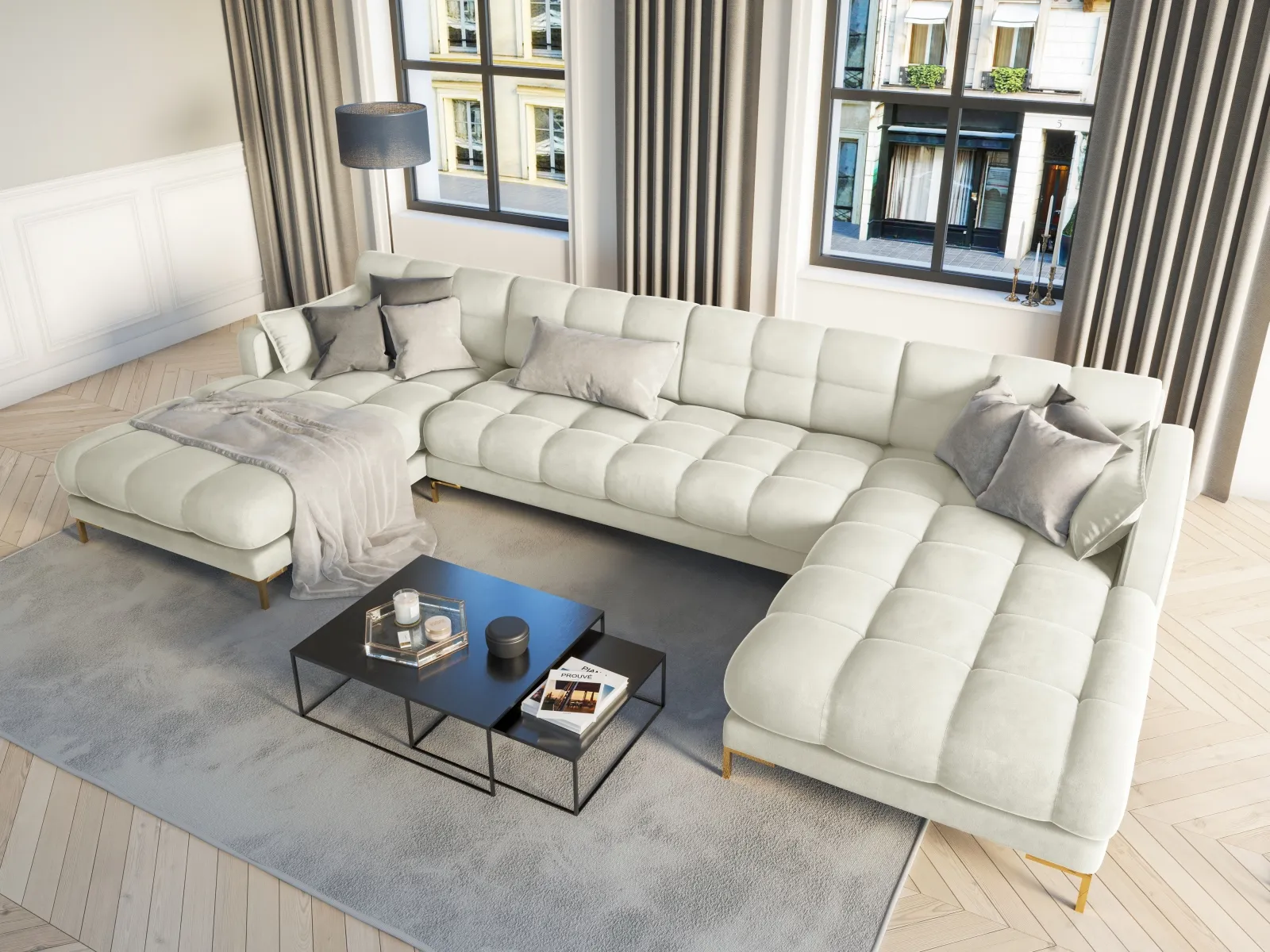Mamaia 6-Sitzer Panorama-Sofa symmetrisch, Beine Goldmetall, mit Bezug aus Samt oder Strukturstoff, 383x185 cm - Image 42