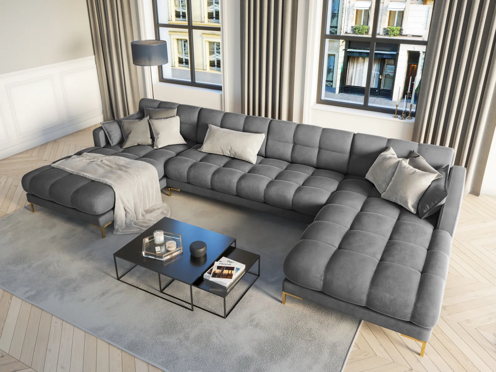 Mamaia 6-Sitzer Panorama-Sofa symmetrisch, Beine Goldmetall, mit Bezug aus Samt oder Strukturstoff, 383x185 cm - Image 58