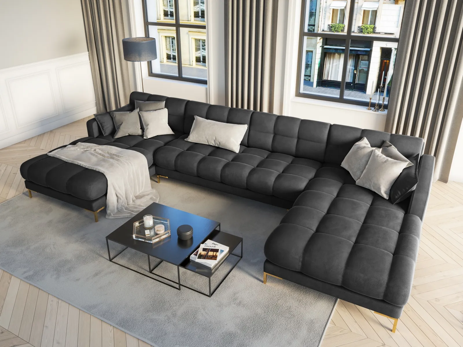 Mamaia 6-Sitzer Panorama-Sofa symmetrisch, Beine Goldmetall, mit Bezug aus Samt oder Strukturstoff, 383x185 cm - Image 66