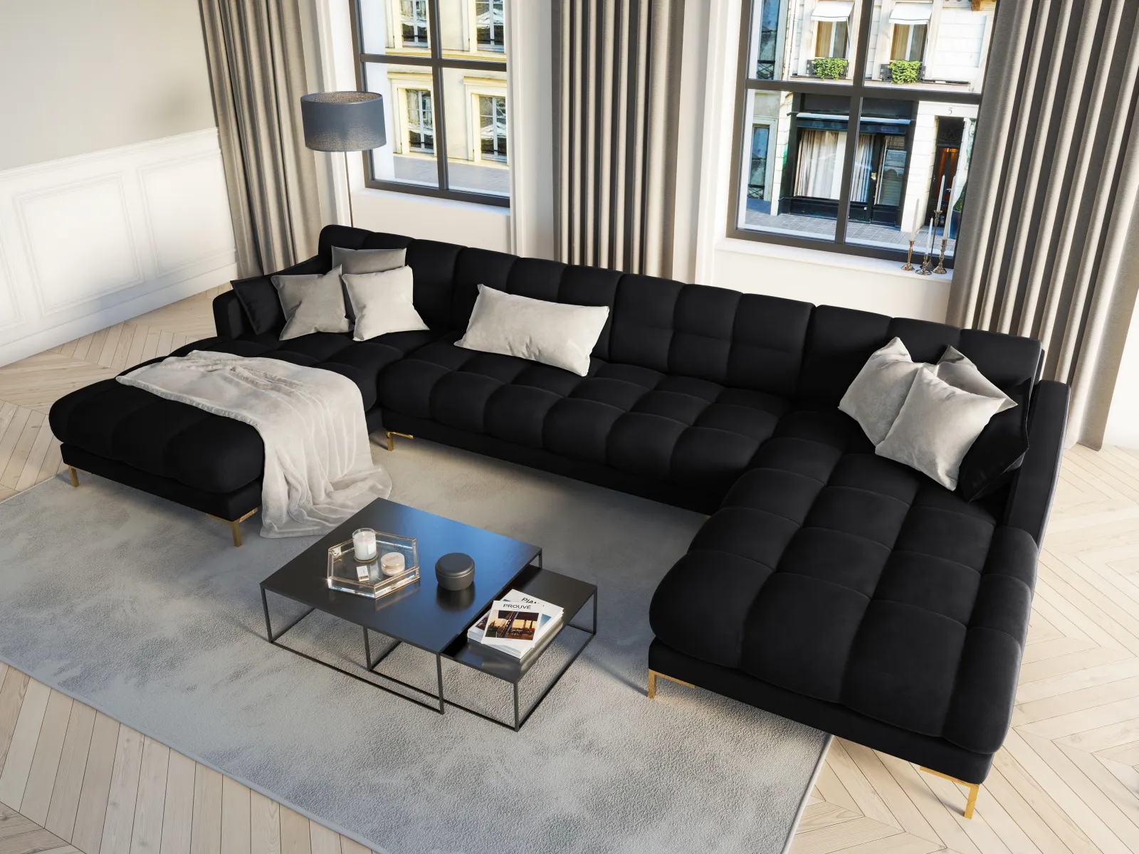 Mamaia 6-Sitzer Panorama-Sofa symmetrisch, Beine Goldmetall, mit Bezug aus Samt oder Strukturstoff, 383x185 cm - Image 74